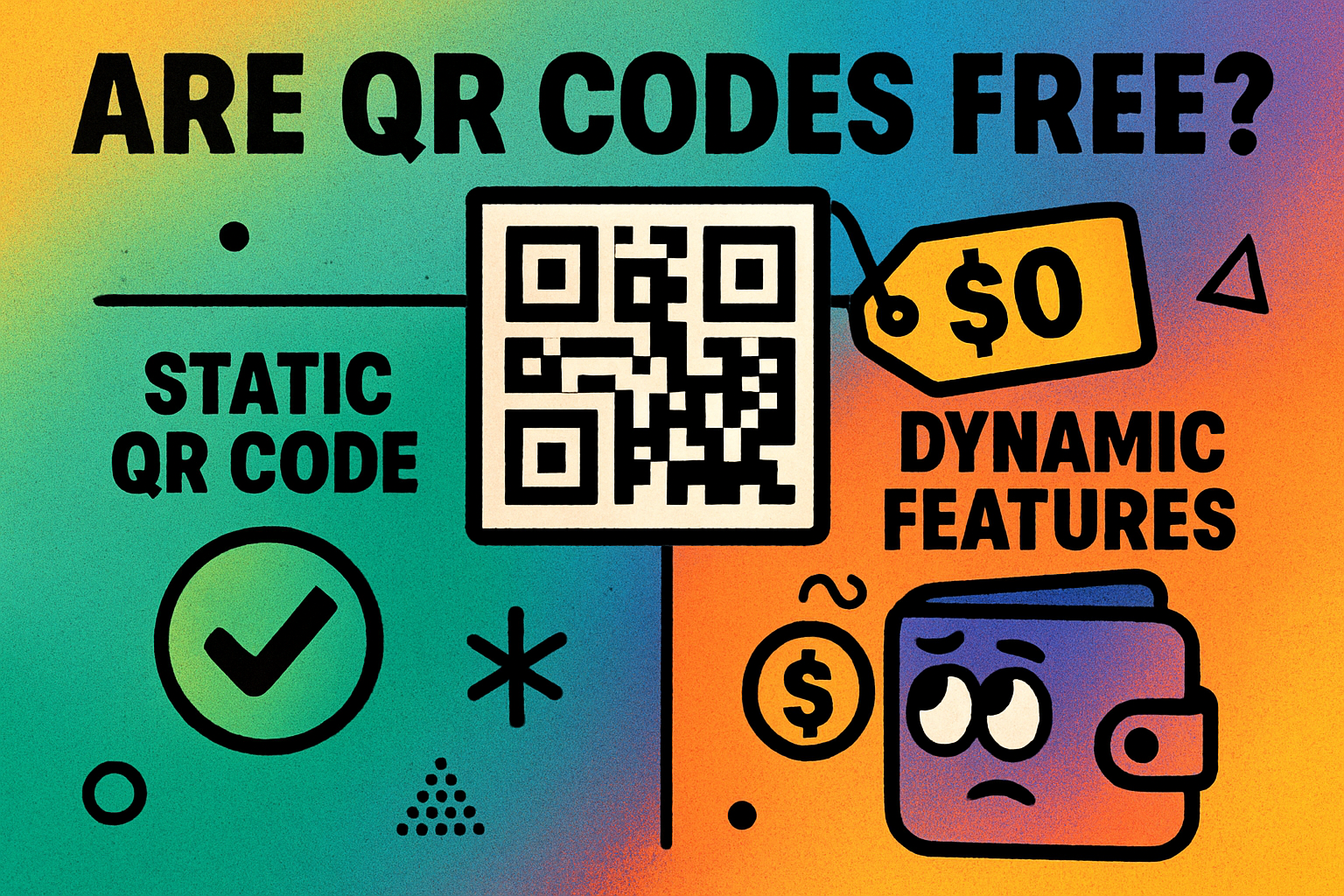 Illustration showing QR codes used freely across different contexts — menus, business cards, packaging, and digital screens