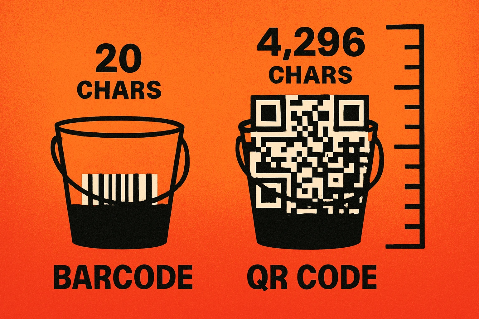 Data capacity comparison showing barcodes hold 20 characters versus QR codes holding 4,296 alphanumeric characters