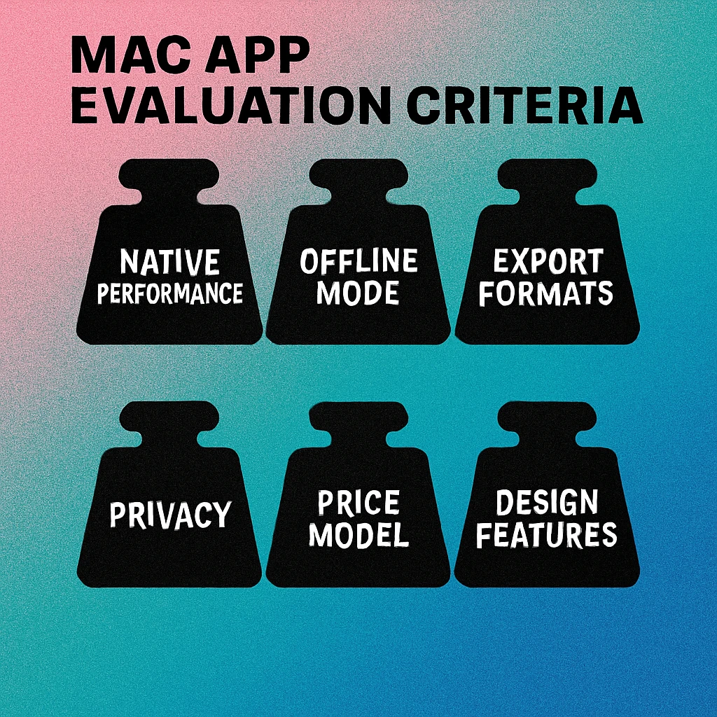 Five evaluation criteria cards for Mac QR code apps: QR type support, export quality, offline capability, design options, and price