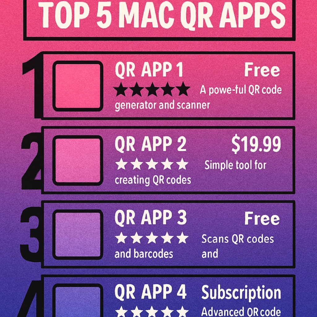 Side-by-side comparison of the top 5 Mac QR code apps showing features and pricing