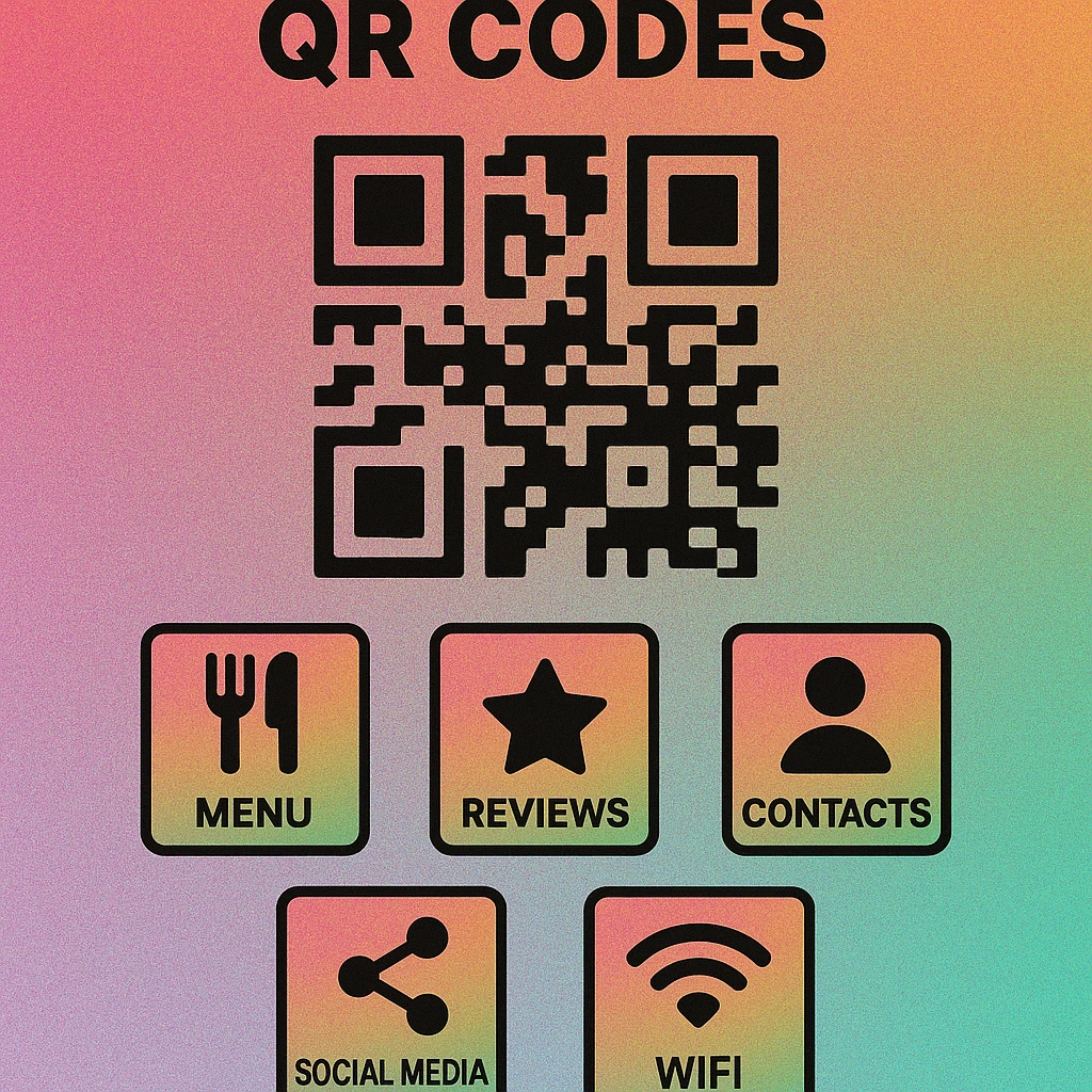 Five QR code use case icons: menu, Google review, contact card, social media, and Wi-Fi