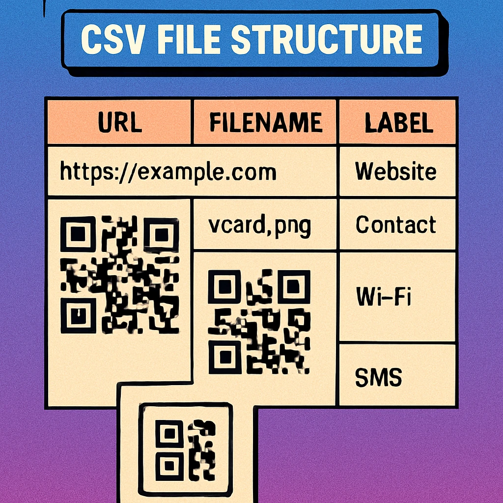 Spreadsheet showing a correctly formatted CSV for bulk QR code generation with label and data columns