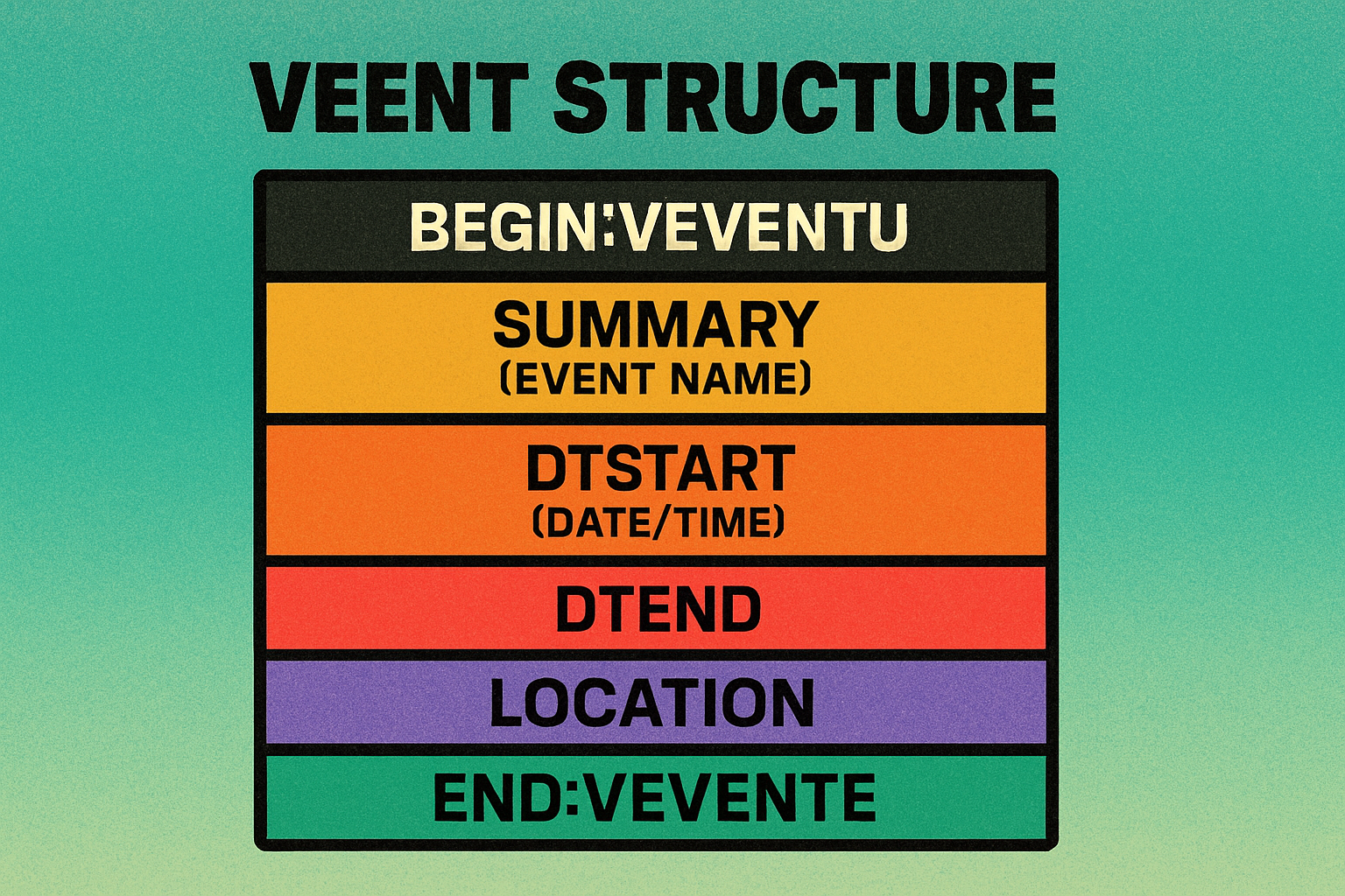 vEvent format structure showing date, time, location, and description fields