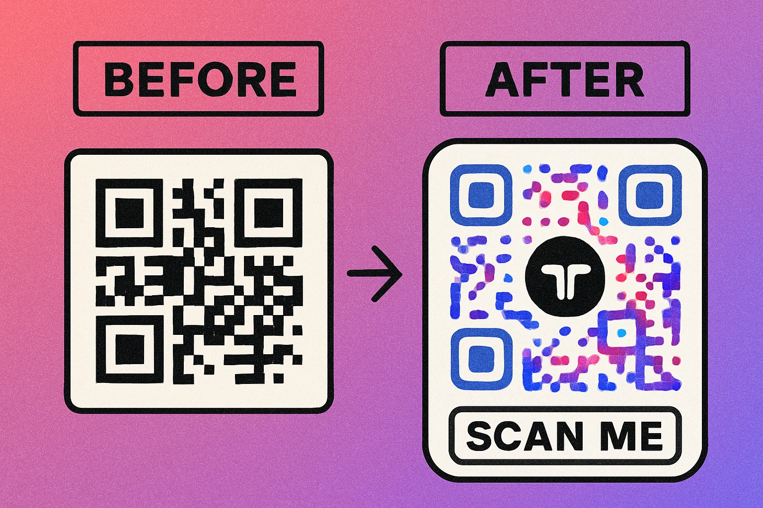 Before and after comparison of a plain QR code versus a professionally branded QR code