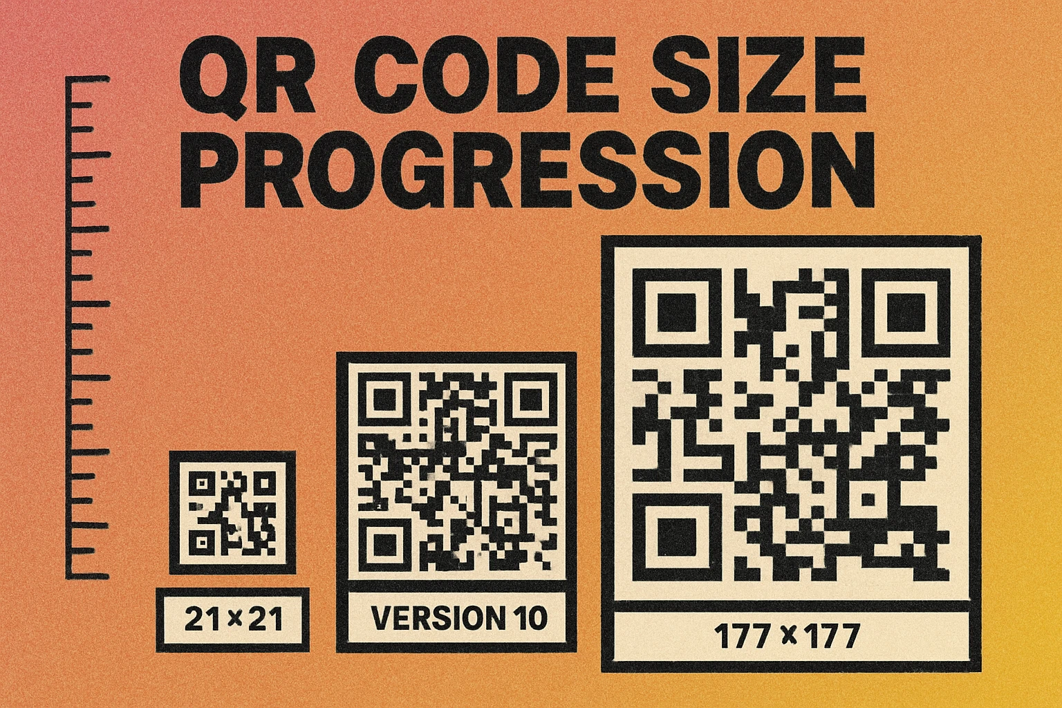 QR code size progression from Version 1 at 21x21 modules to Version 40 at 177x177 modules