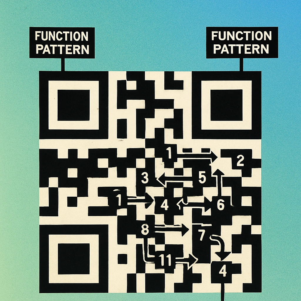 Version 1 QR code grid with numbered two-column reading strips and zigzag arrows showing data bit extraction order