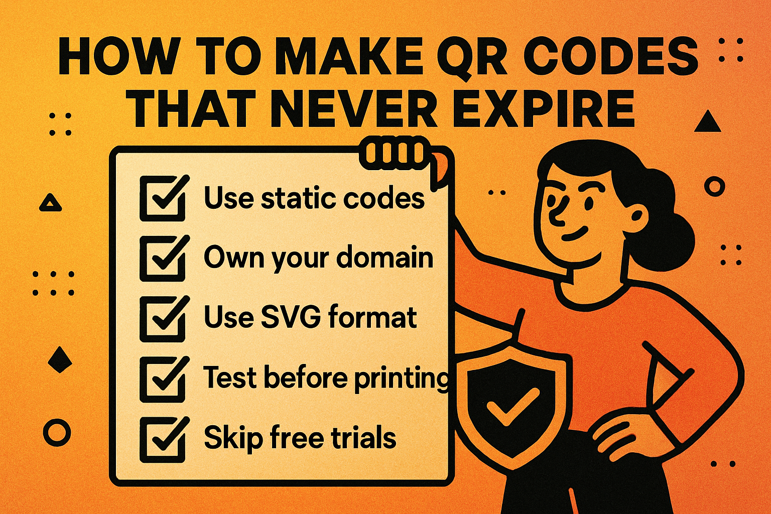 Checklist infographic showing 5 rules for creating QR codes that never expire