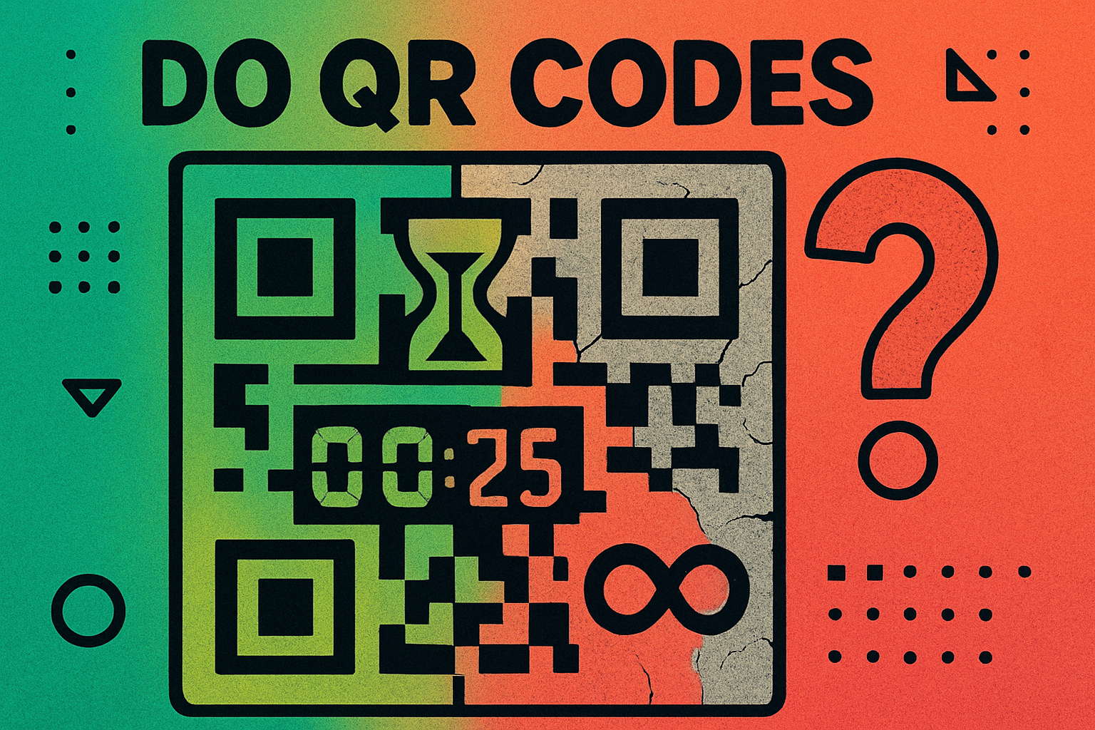 QR code with clock and hourglass showing the concept of QR code expiration — static codes last forever while dynamic codes can stop working
