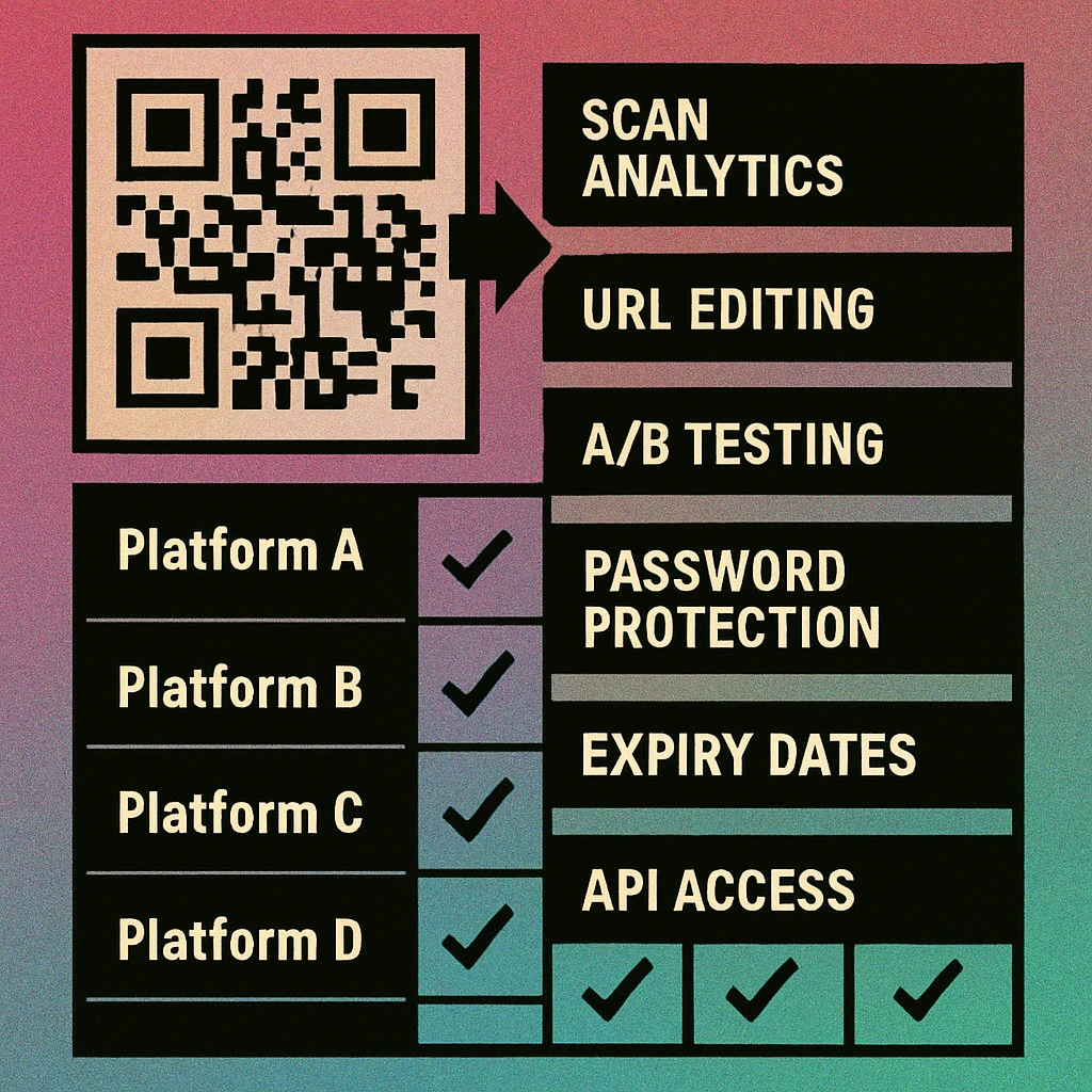Feature matrix grid comparing dynamic QR code platforms across analytics, URL editing, A/B testing, password, expiry, and API columns