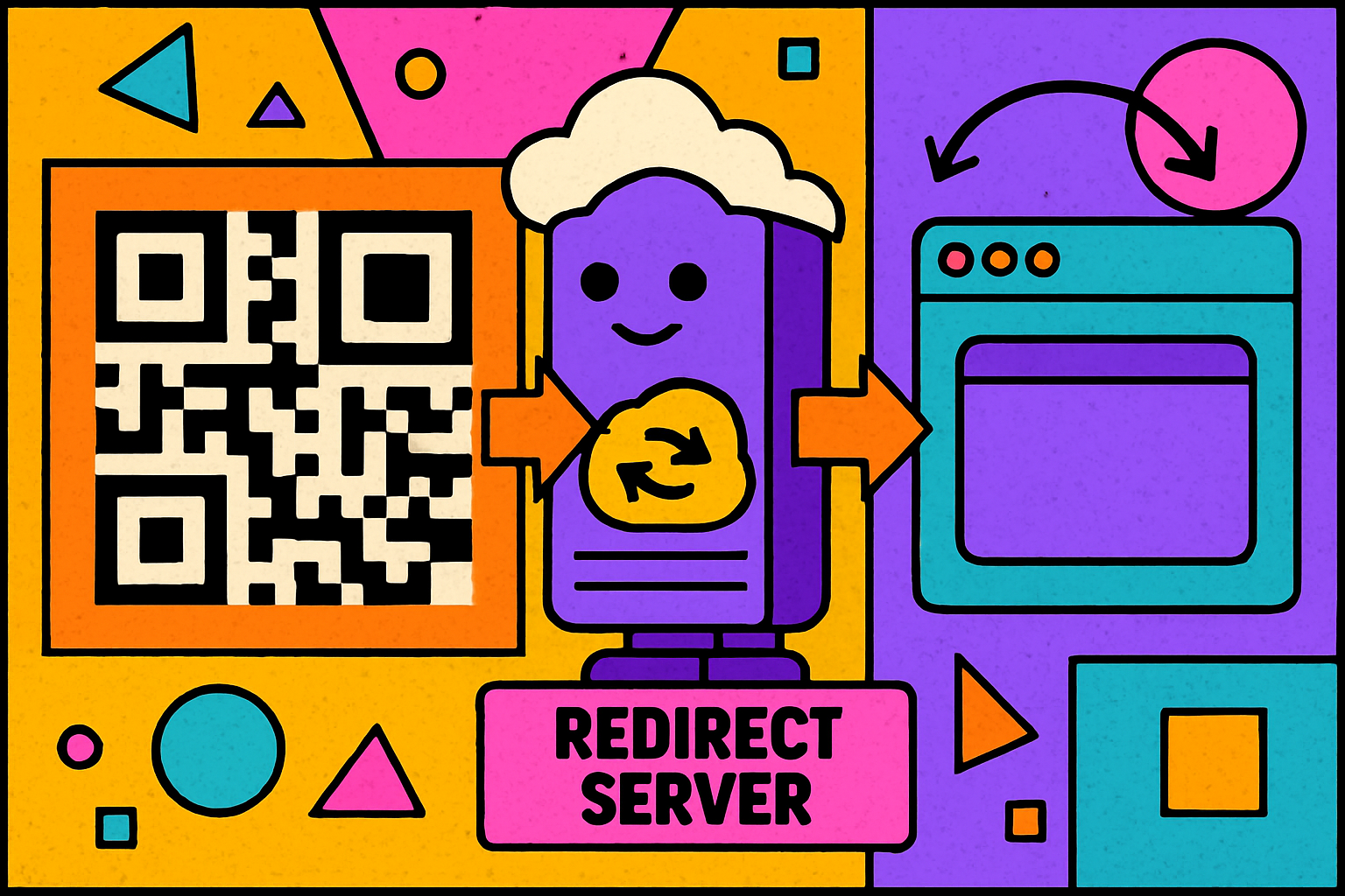 Diagram showing how a dynamic QR code routes through a redirect server before reaching the final destination, allowing the destination to be changed