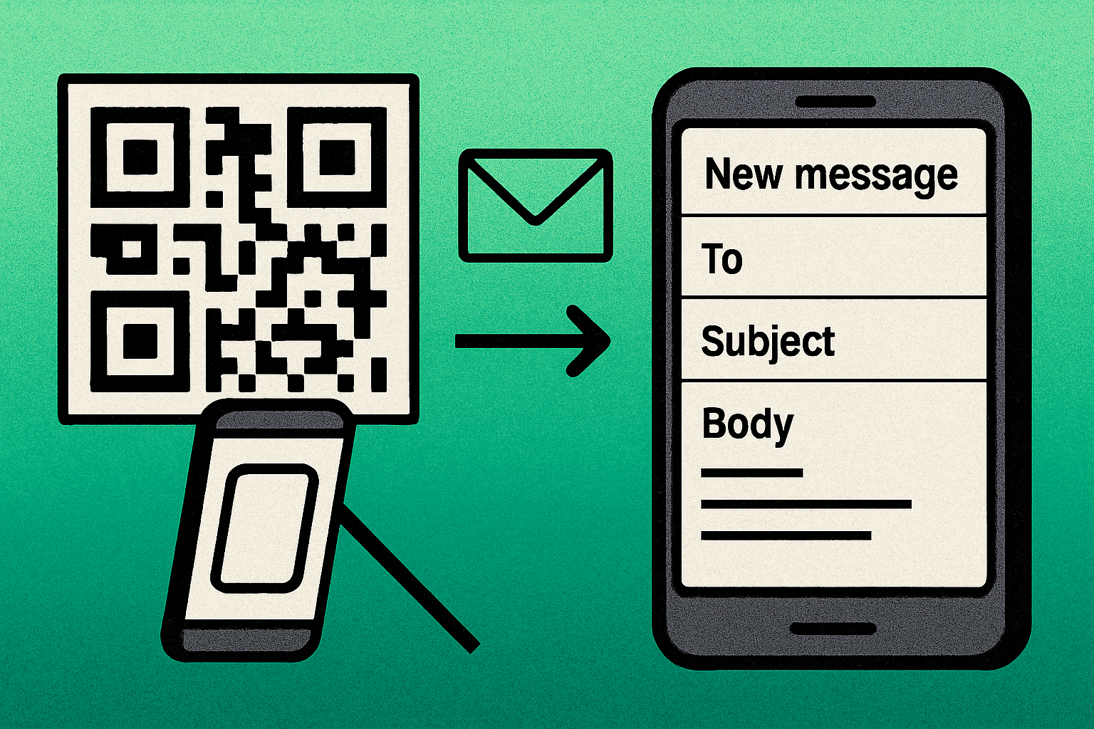 Email QR code being scanned to open a pre-filled email on a smartphone
