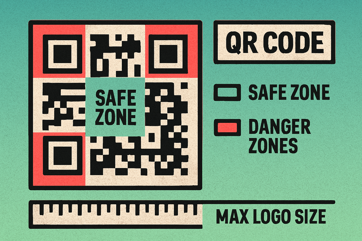 QR code diagram showing the safe center zone for logo placement and danger zones around finder patterns