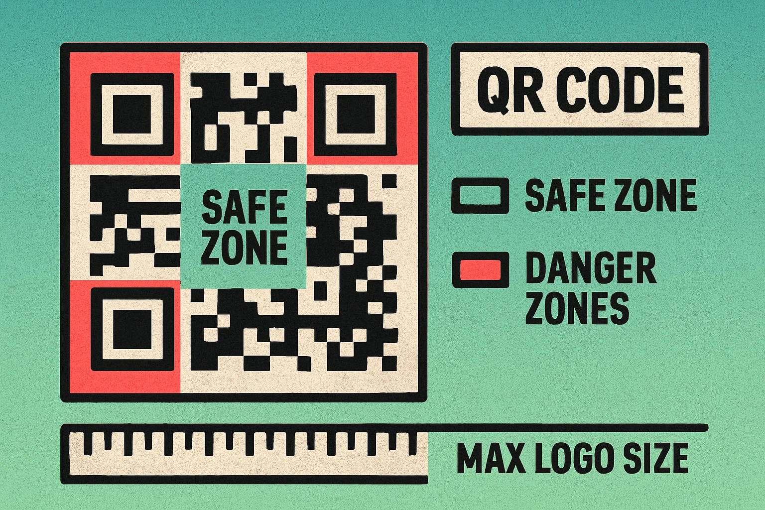 QR code diagram showing the safe center zone for logo placement and danger zones around finder patterns