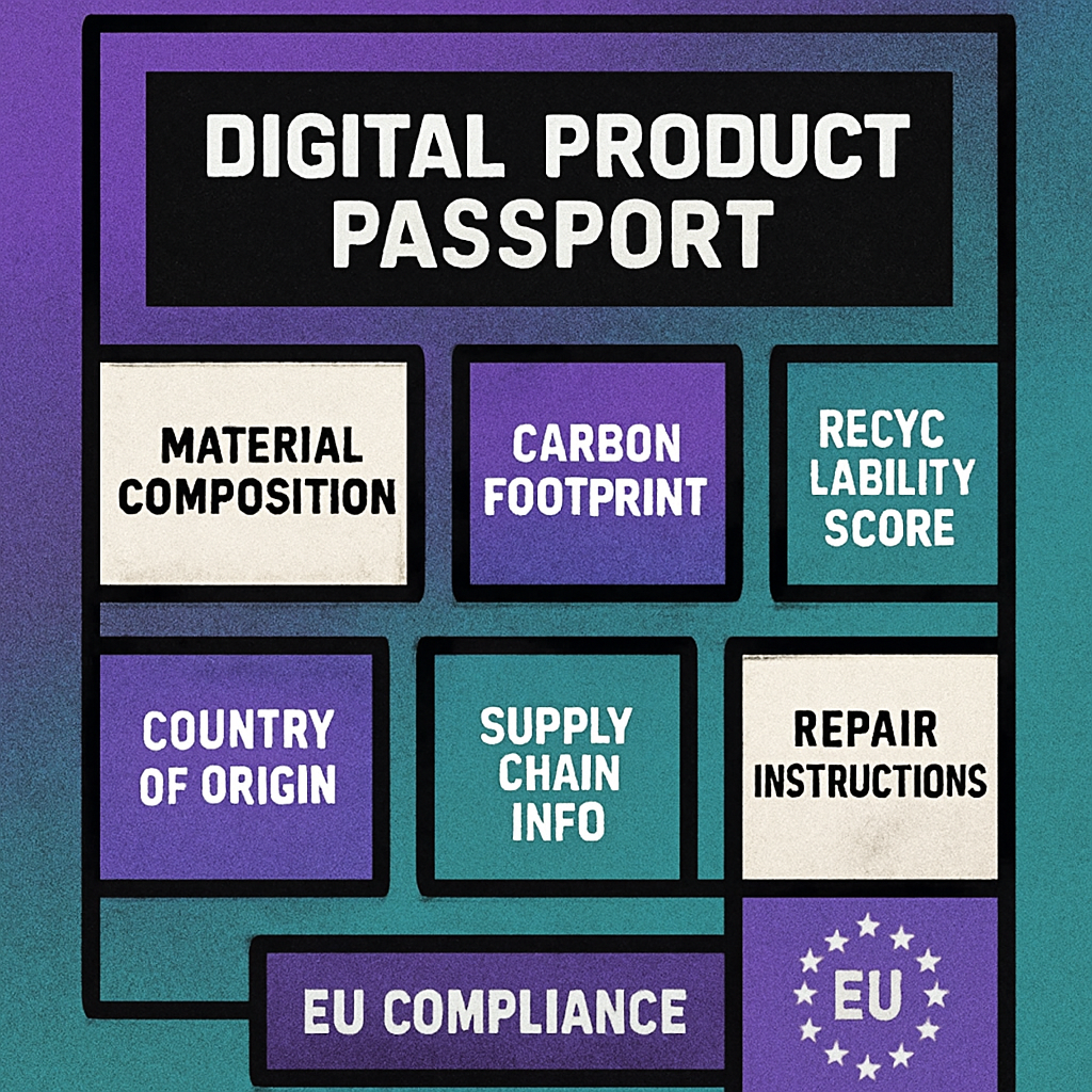 Diagram showing the types of data required in an EU Digital Product Passport: materials, carbon footprint, recyclability, origin, and repair information