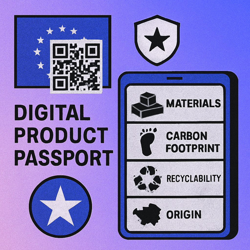 Illustration showing a product with a QR code linking to its EU Digital Product Passport data including materials, carbon footprint, and recyclability