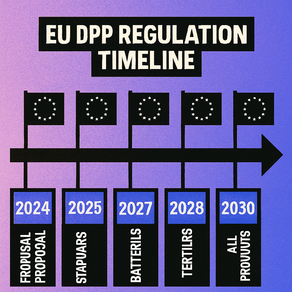 Timeline showing the phased rollout of EU Digital Product Passport requirements: batteries in 2027, textiles in 2028, electronics in 2028-2029, and all products by 2030