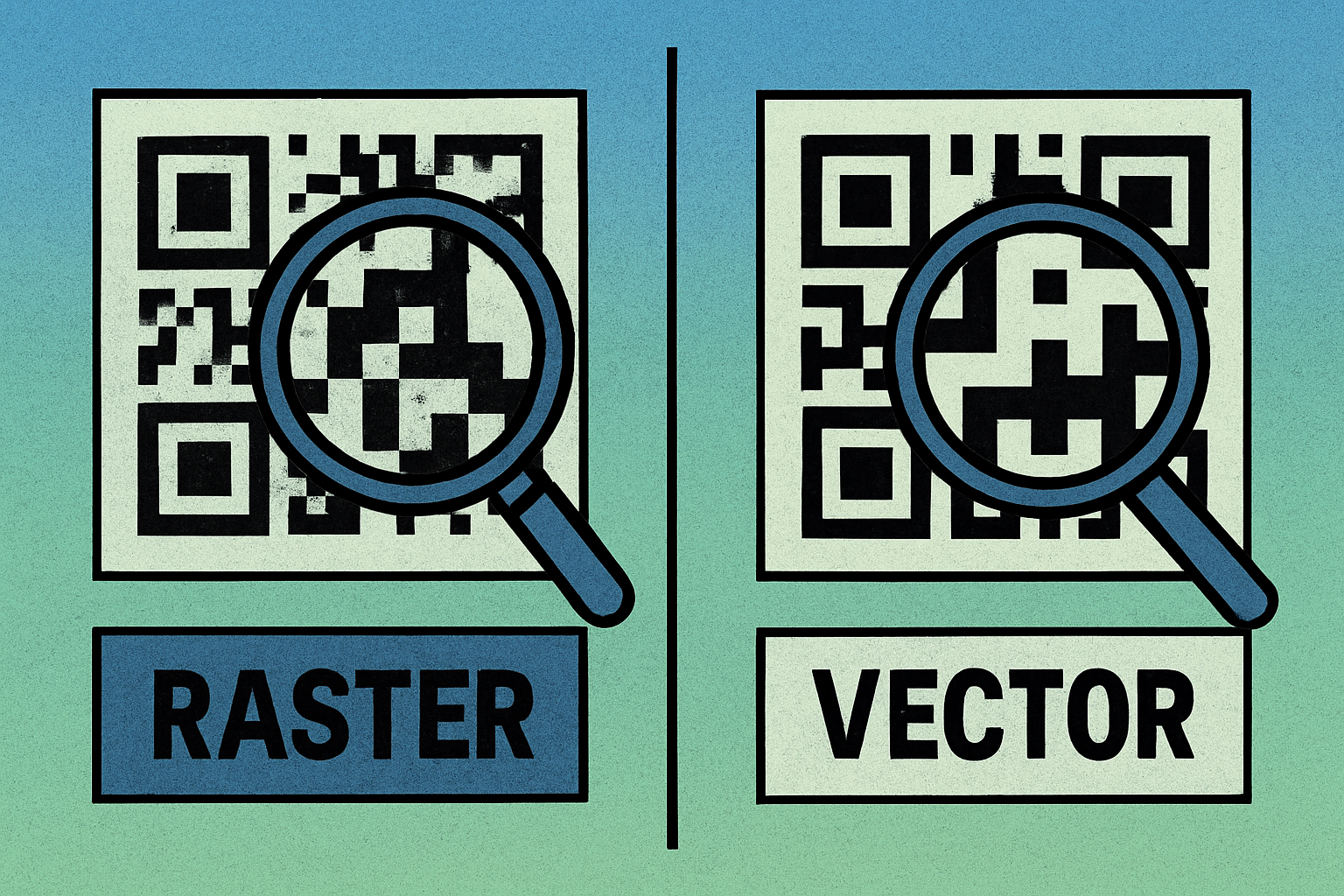 Comparison of raster PNG with visible pixels when zoomed versus vector SVG with crisp edges at any size