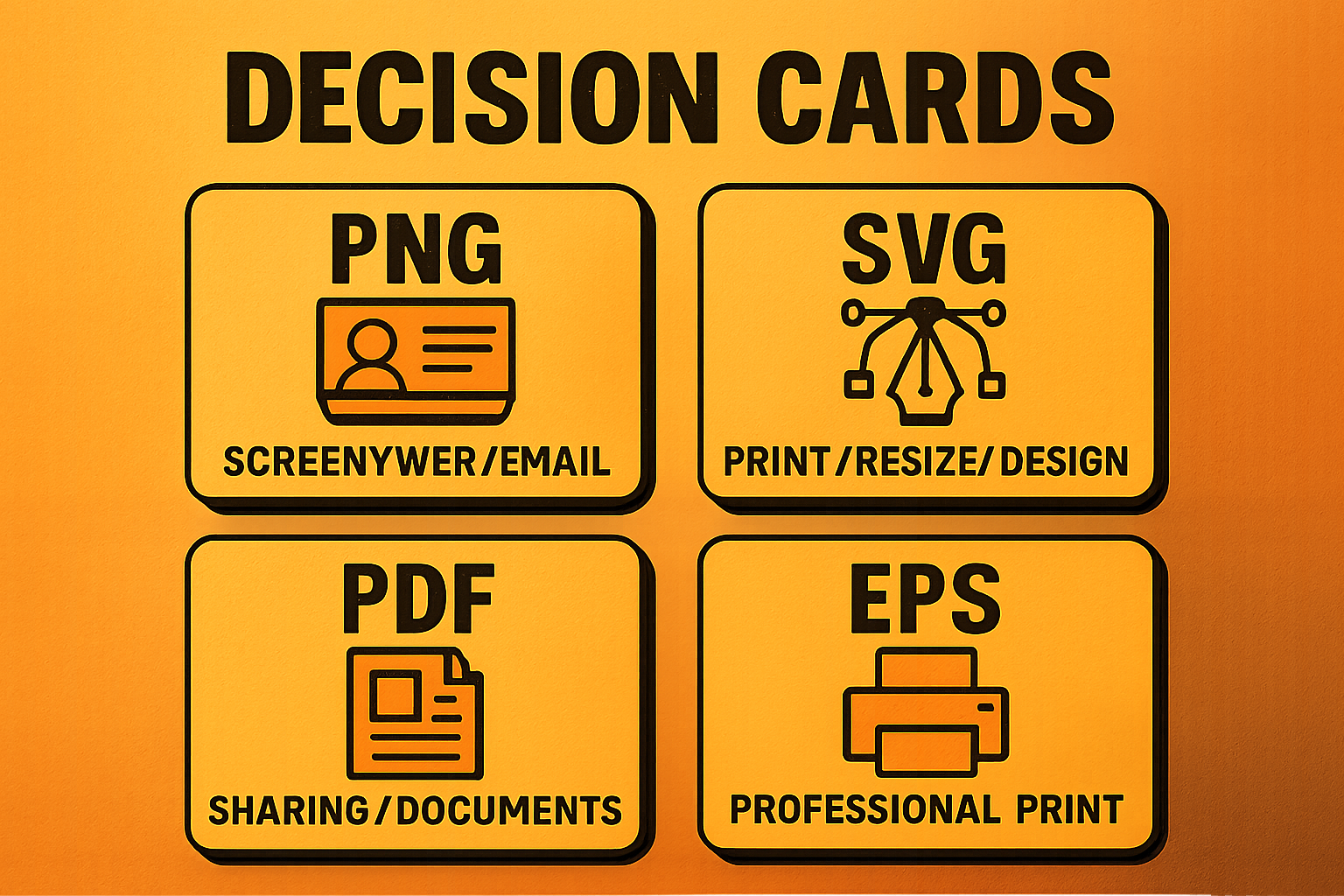 Decision guide showing PNG for screens, SVG for print, PDF for sharing, EPS for professional print