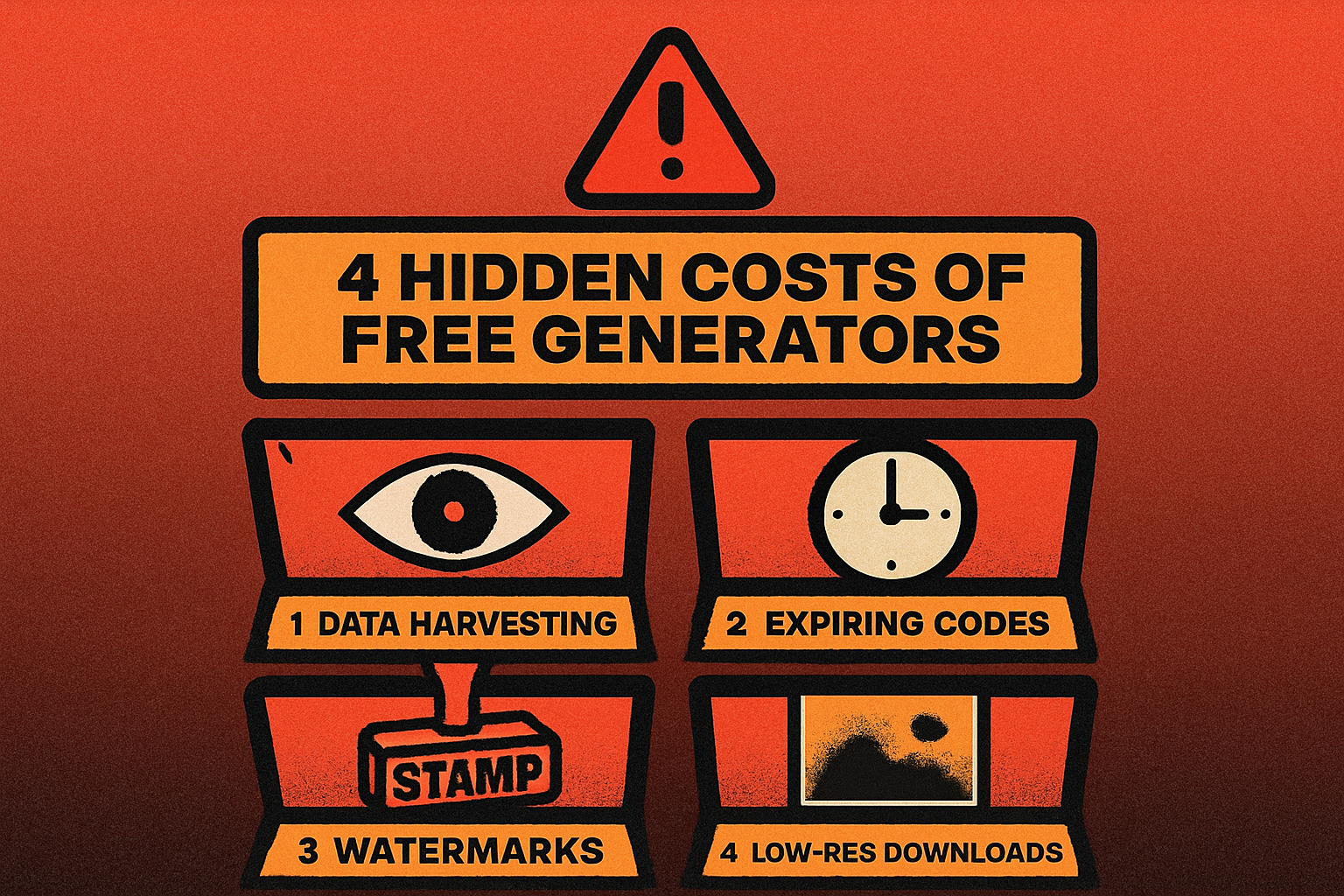 Warning infographic showing 4 hidden costs of free QR generators: data harvesting, expiring codes, watermarks, low-resolution downloads