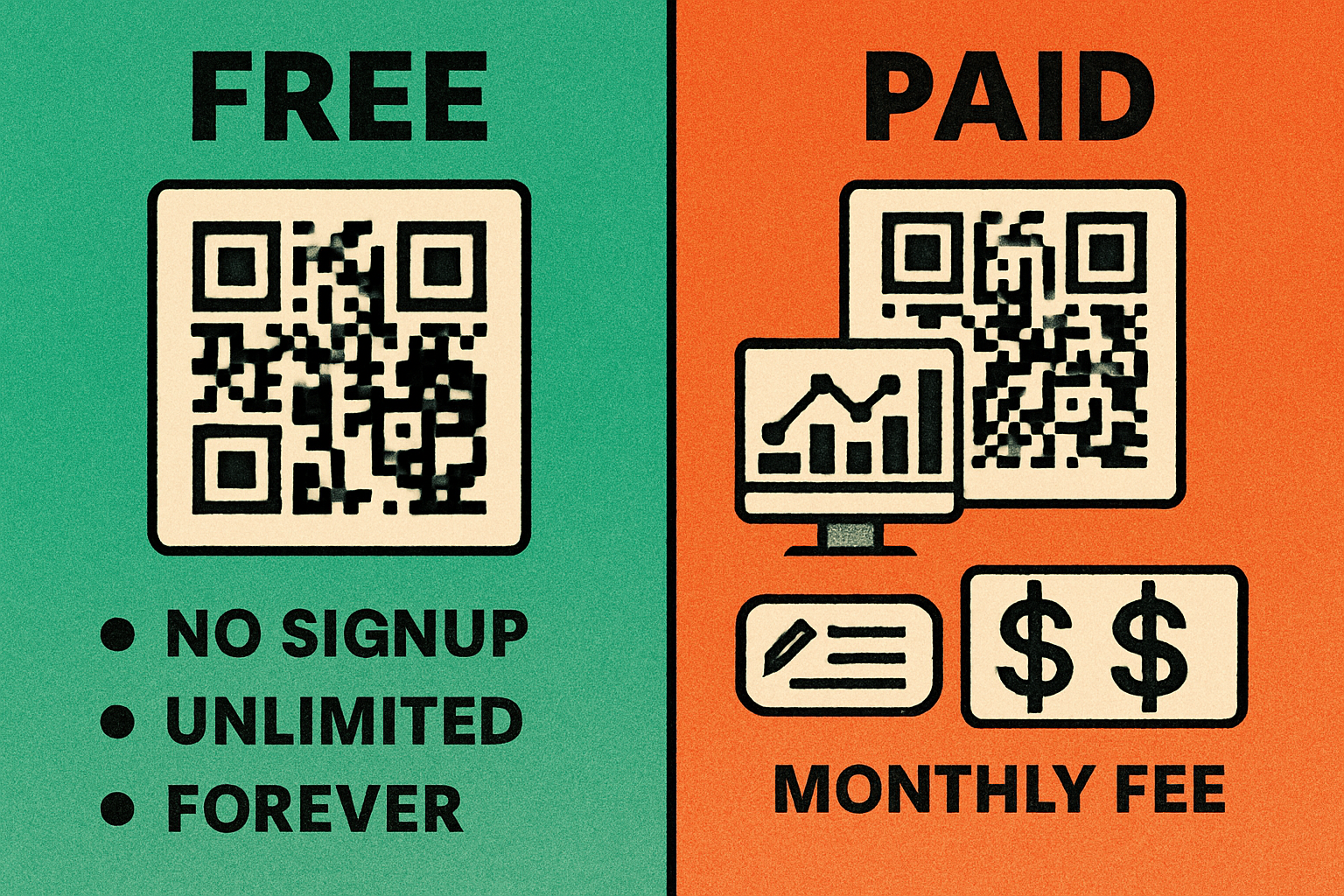 Split comparison of free static QR codes versus paid dynamic QR codes with analytics and editing features