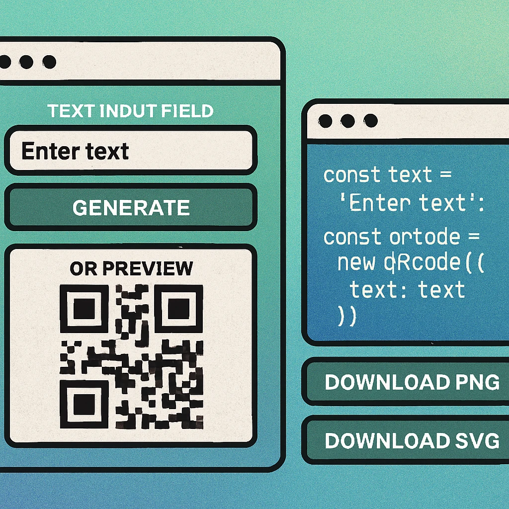 Browser demo showing a generated QR code with a download PNG and download SVG button below it