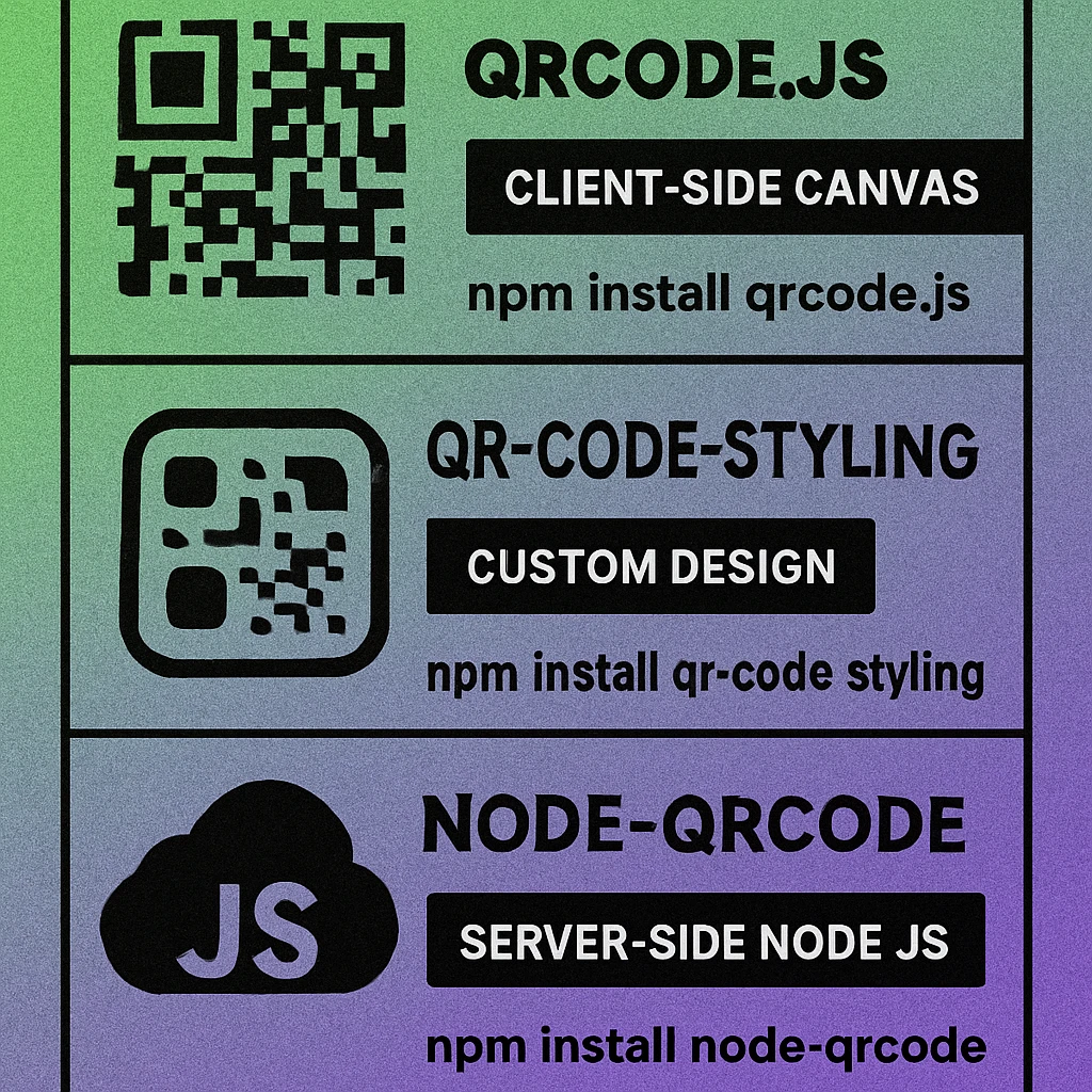 Side-by-side comparison of QR code output from qrcode.js, qr-code-styling, and node-qrcode
