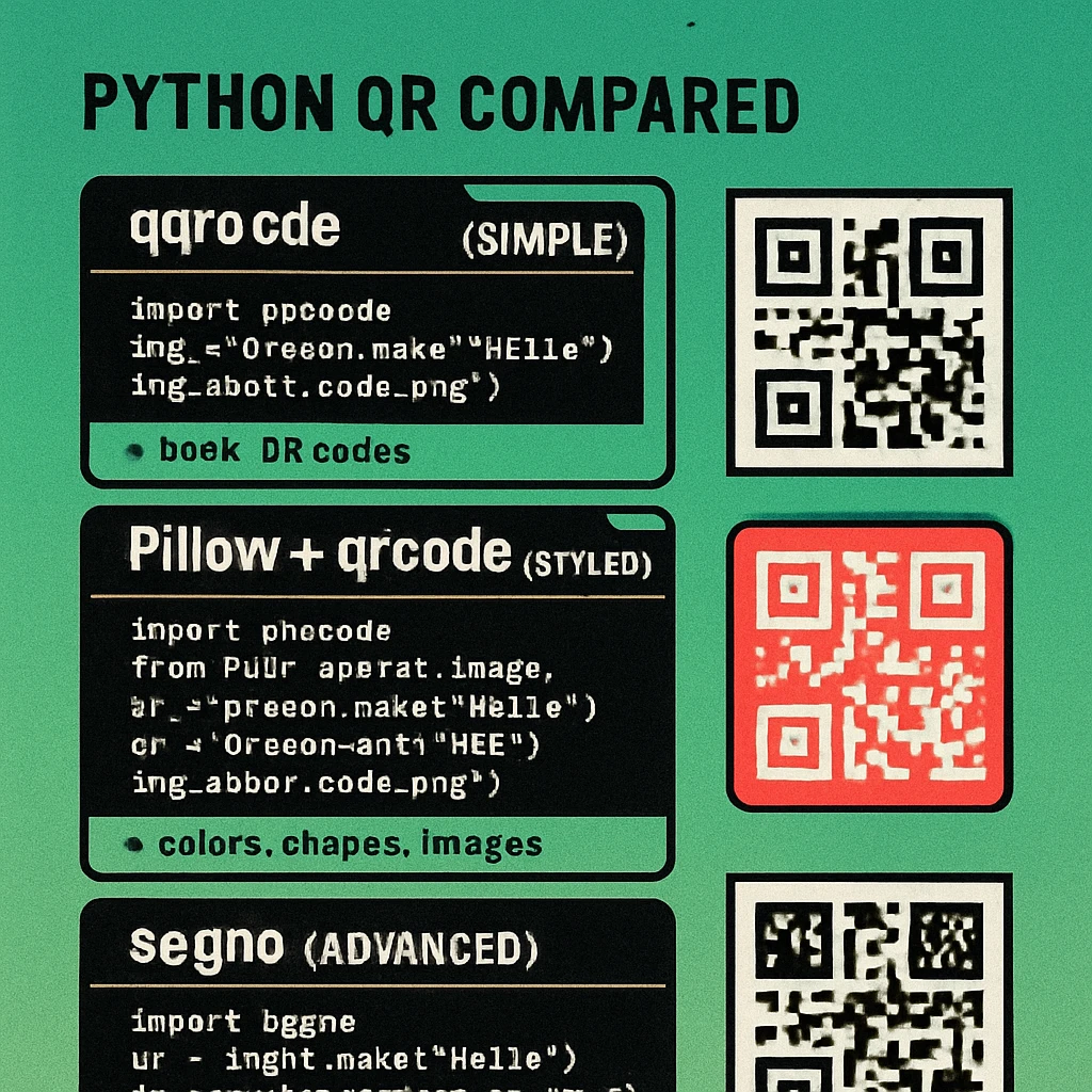 Diagram comparing qrcode, Pillow, and segno Python libraries with their output formats and key features