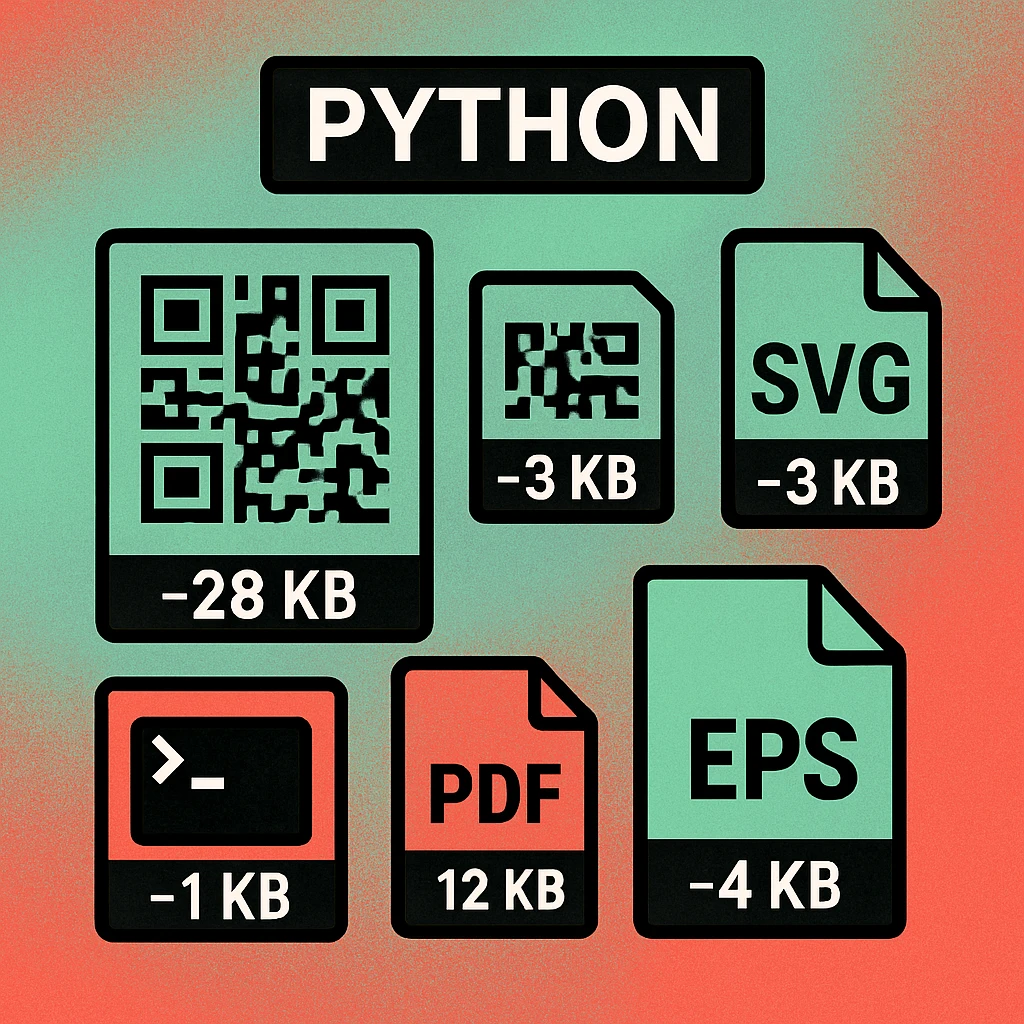 Side-by-side screenshots of QR code outputs: PNG file, SVG in browser, and ANSI terminal rendering in a macOS Terminal window