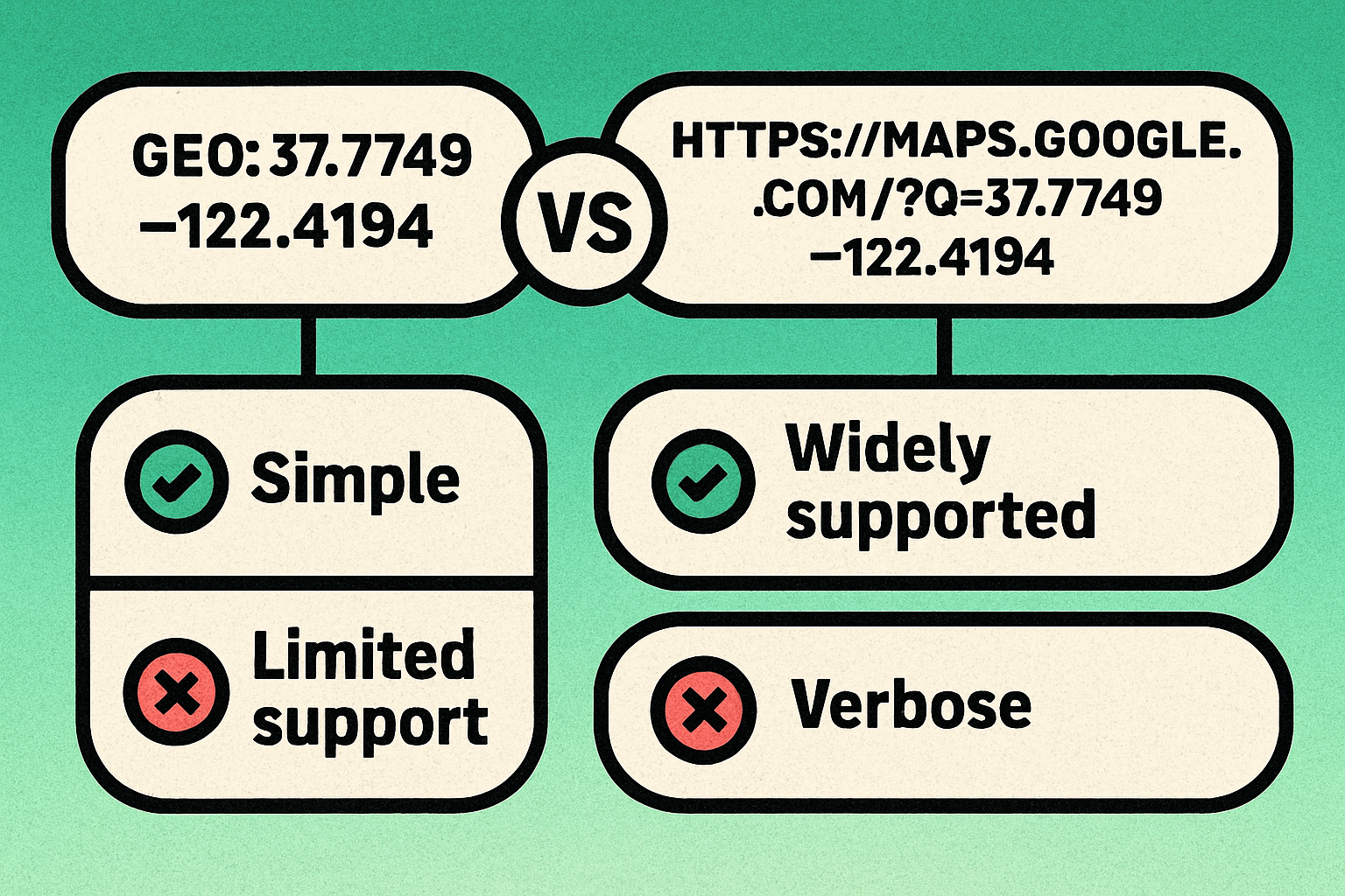Geo URI and Google Maps URL formats for location QR codes