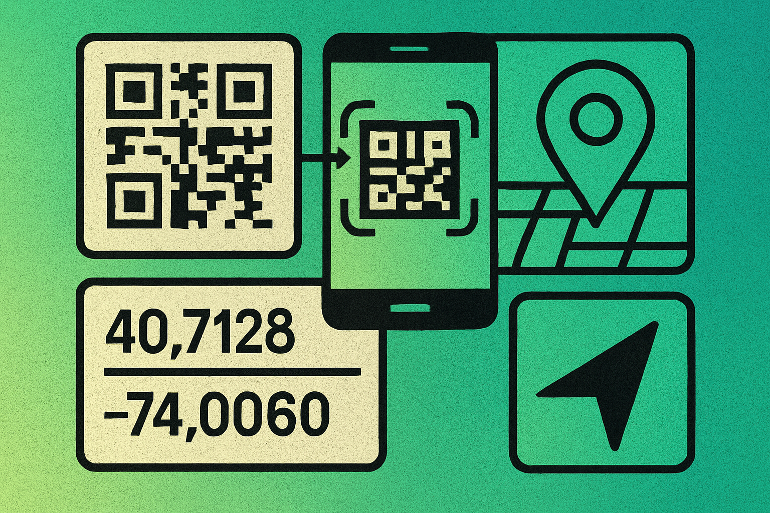 Geolocation QR code being scanned to open a map pin on a smartphone