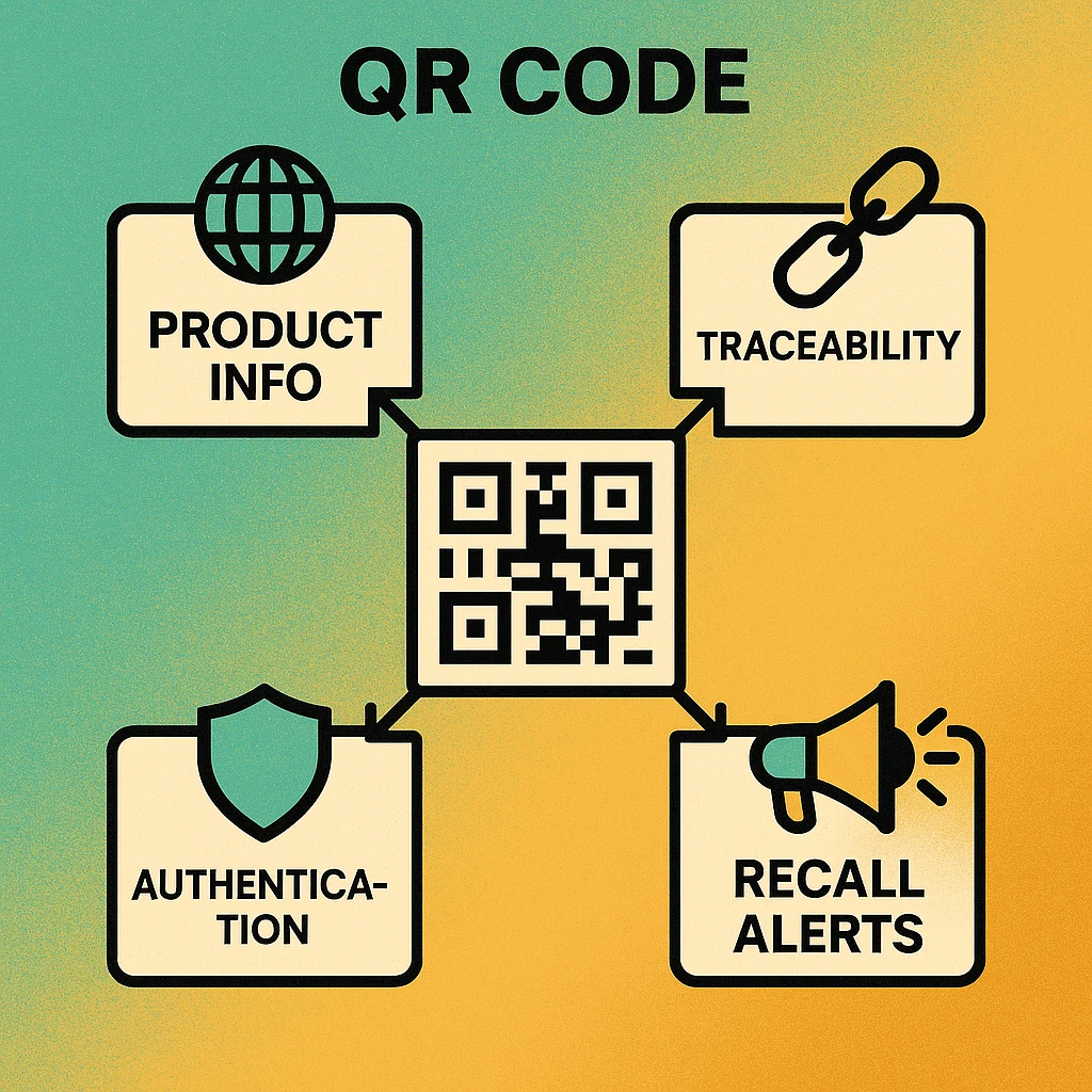 Diagram showing one GS1 Digital Link QR code being scanned by a consumer smartphone, a retail POS terminal, and a logistics API, each receiving different data