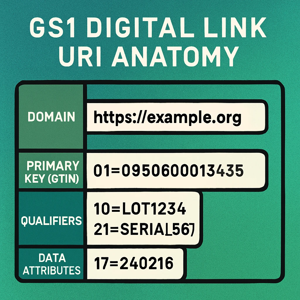 Annotated diagram of a GS1 Digital Link URI showing domain, primary key AI 01 with GTIN, qualifier AI 10 batch, and AI 17 expiry segments