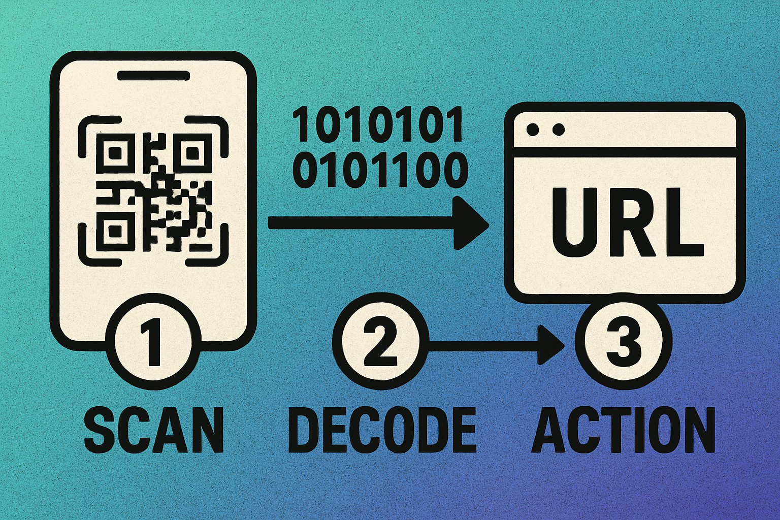 Diagram showing the 3-step QR scanning process from camera capture to decode to action