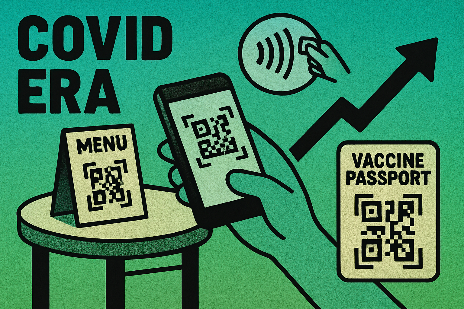 2020 COVID era showing QR codes on restaurant menus, contactless payments, and vaccine passports