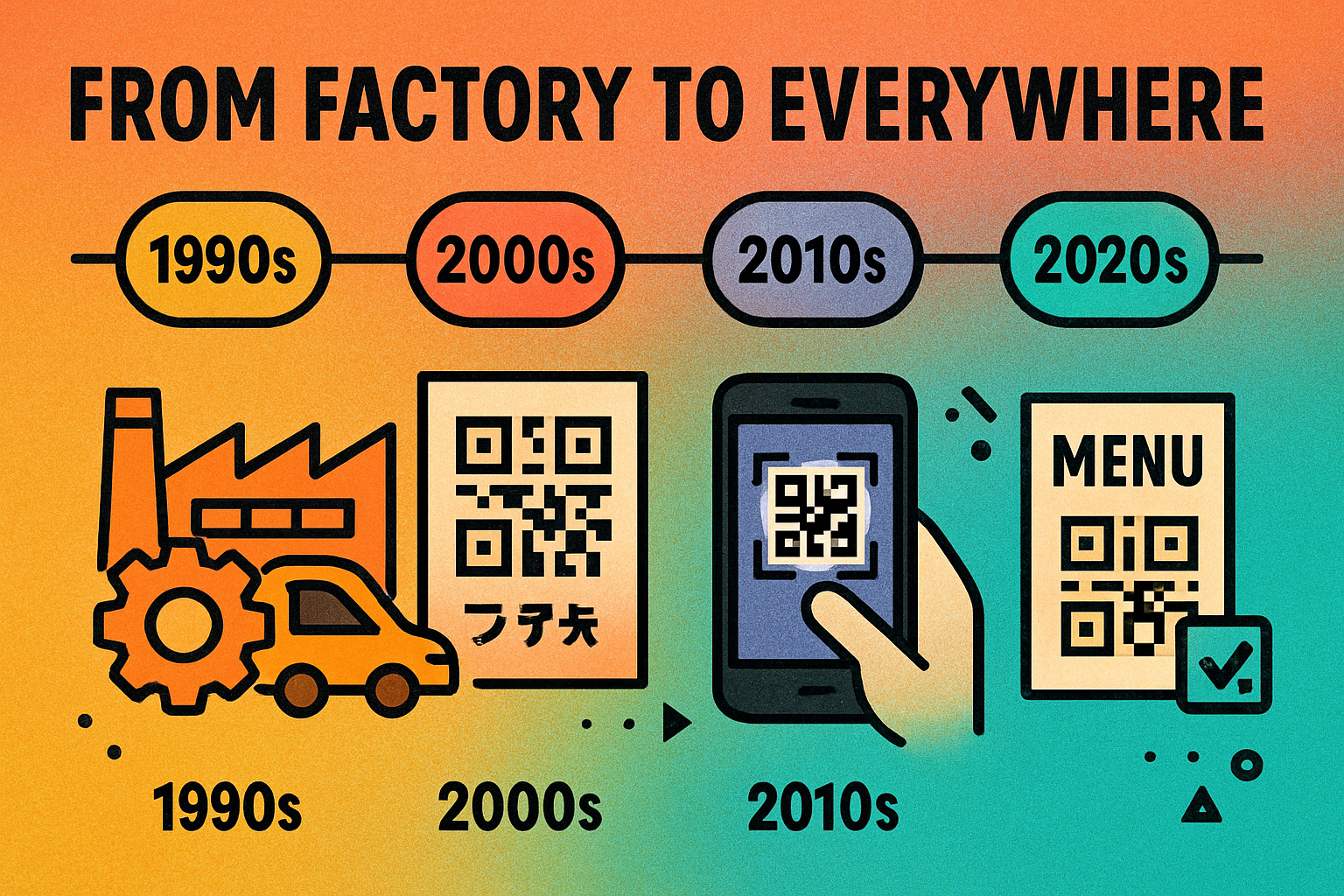 Visual history of QR codes showing the evolution from a Toyota factory barcode to modern QR code usage worldwide