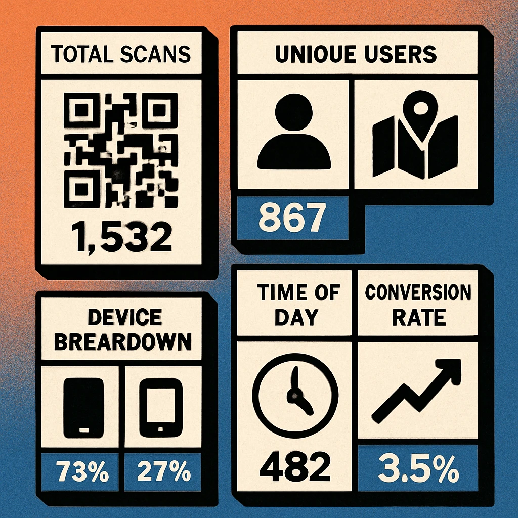 Six metric cards showing total scans, unique users, location map, device split, time-of-day chart, and conversion rate