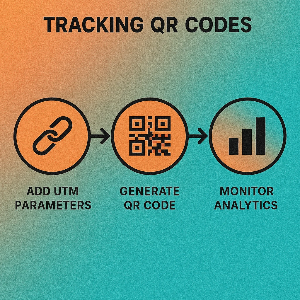 Step-by-step illustration showing UTM URL creation, QR code generation, and GA4 traffic acquisition report