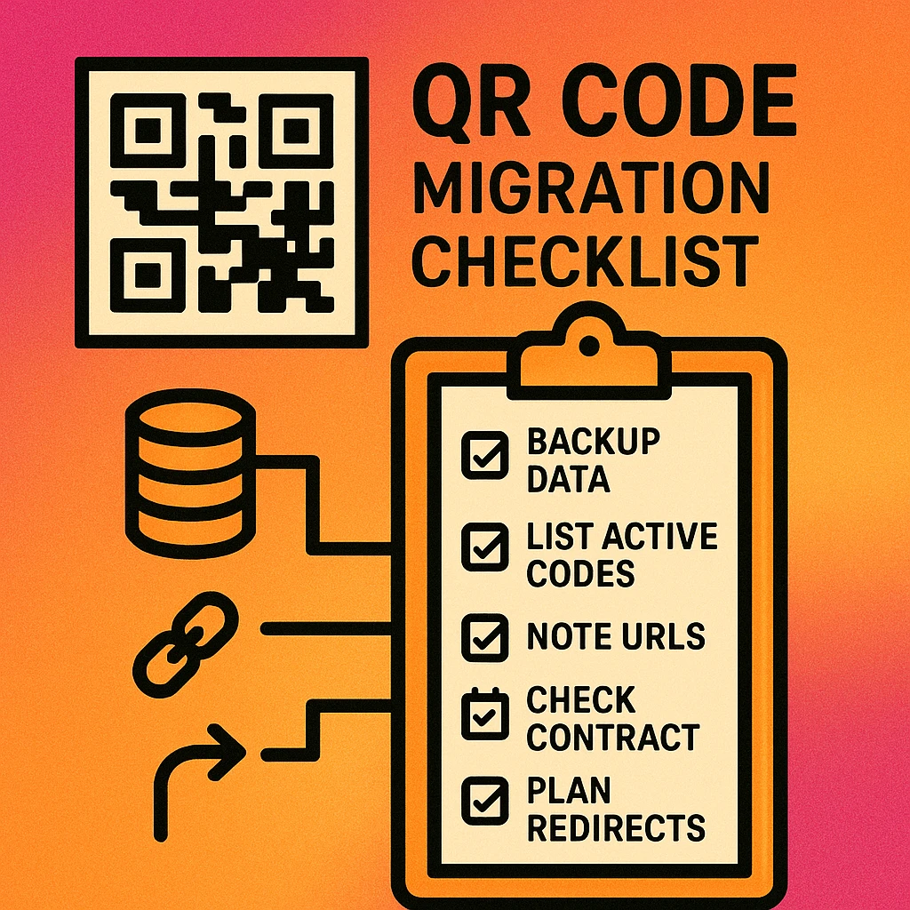 Pre-migration checklist showing audit, export, redirect planning, and testing phases for QR code platform migration