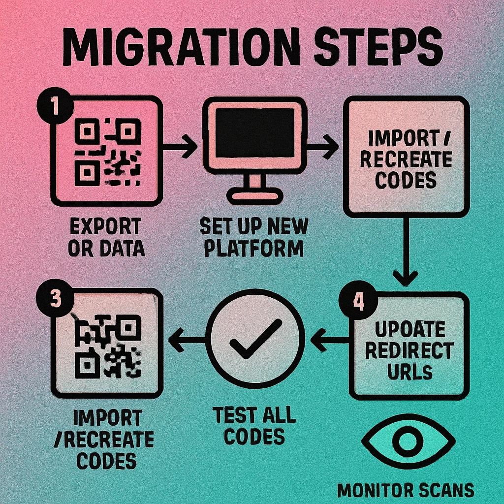 Visual flow diagram of the six-step QR code migration process from old platform through redirect chain to new platform