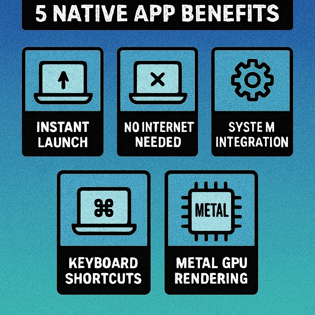 Performance comparison chart showing launch time, render speed, and memory usage across native, Electron, and web QR code generators