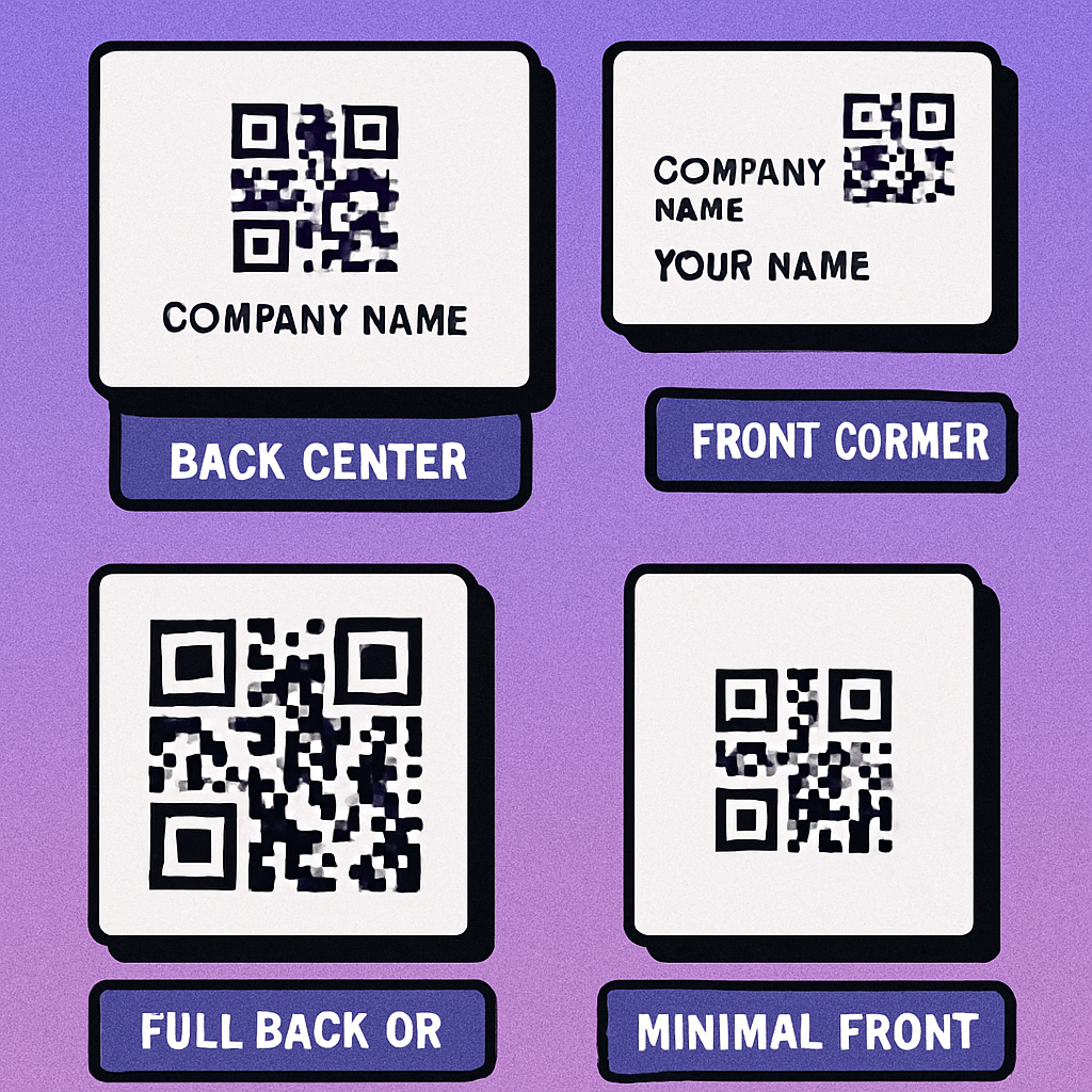 Business card layout showing optimal QR code placement on the back, with annotations for minimum size and quiet zone