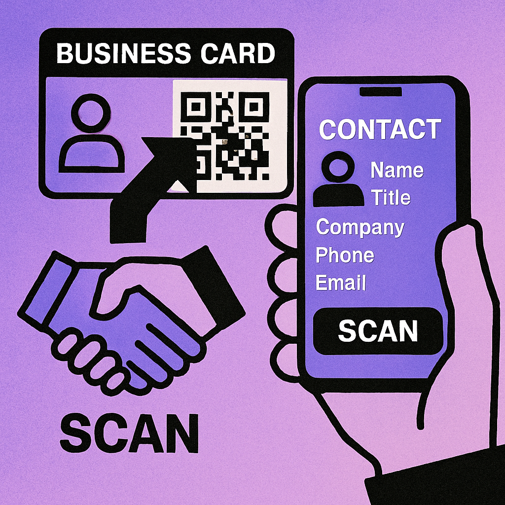 A professional business card with a QR code printed on the back, next to a phone scanning it and saving the contact