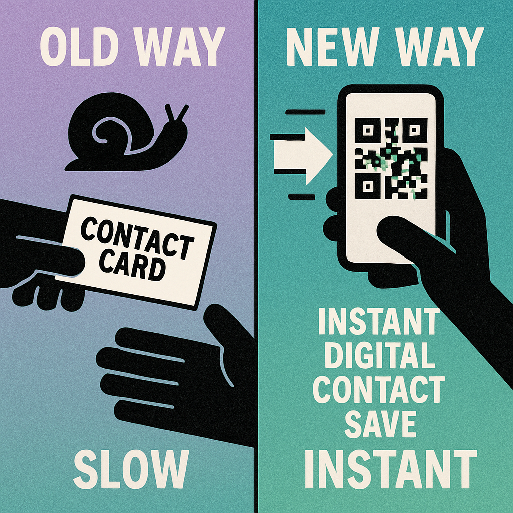 Side-by-side comparison of a vCard QR code and a URL QR code on business cards, showing the scan result of each