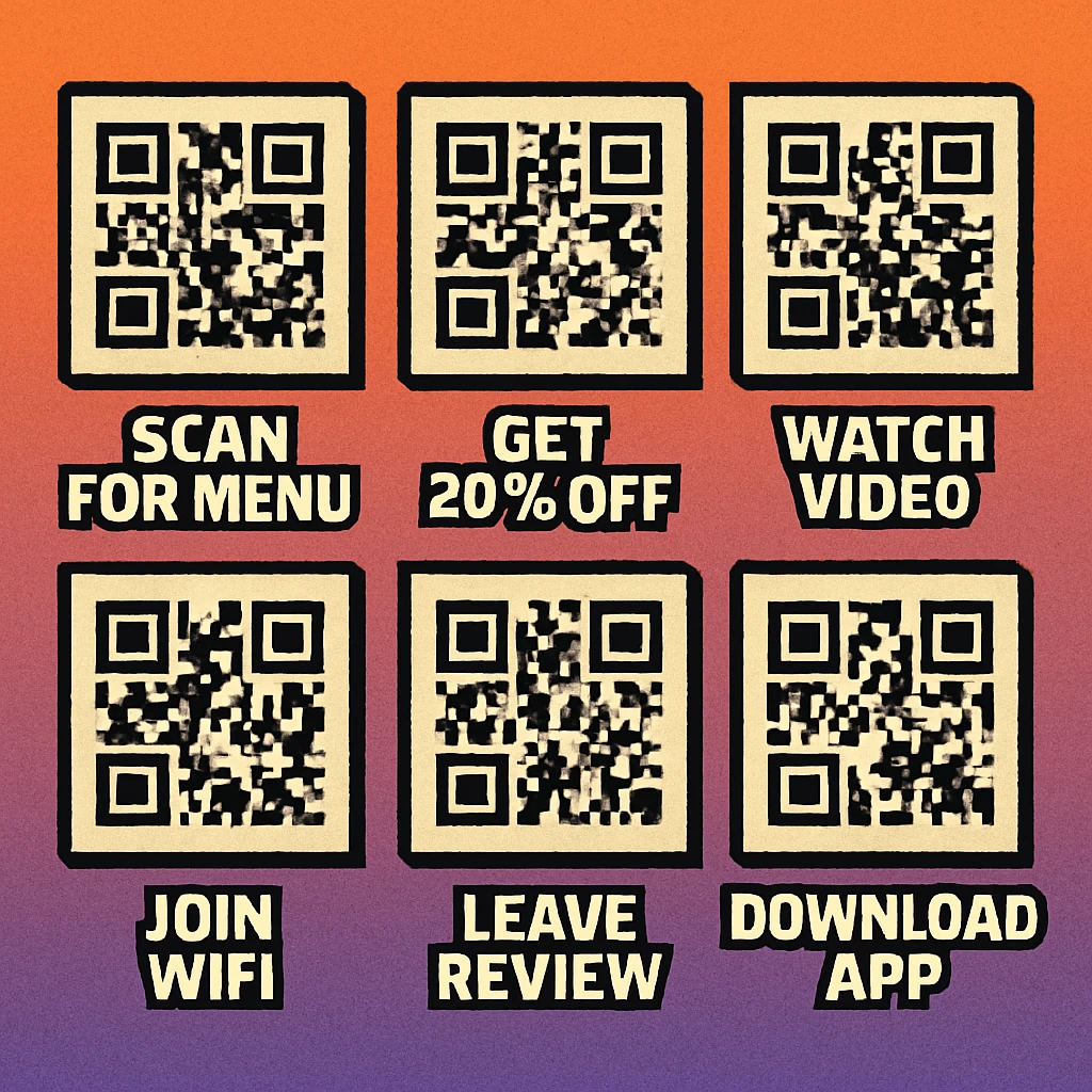Six QR code CTA frame examples across retail, restaurant, events, and healthcare contexts