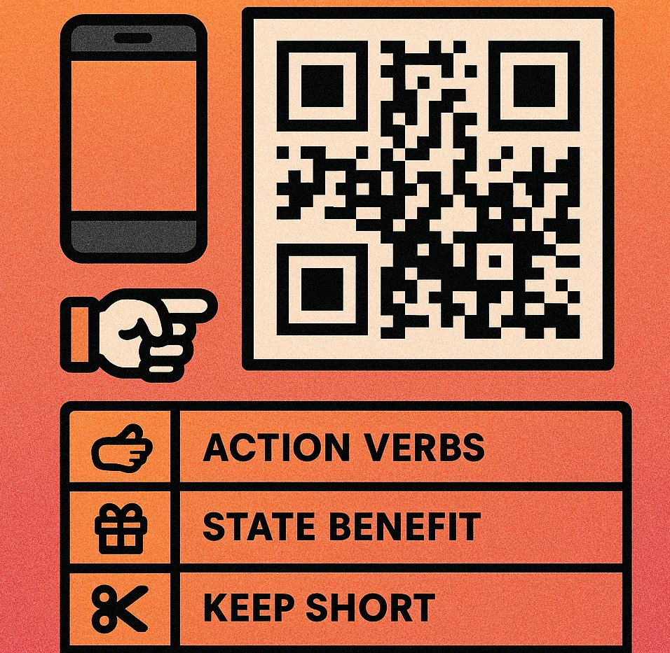 QR code CTA design tips laid out as a reference card — verbs, benefit structures, frame rules, contrast guidelines