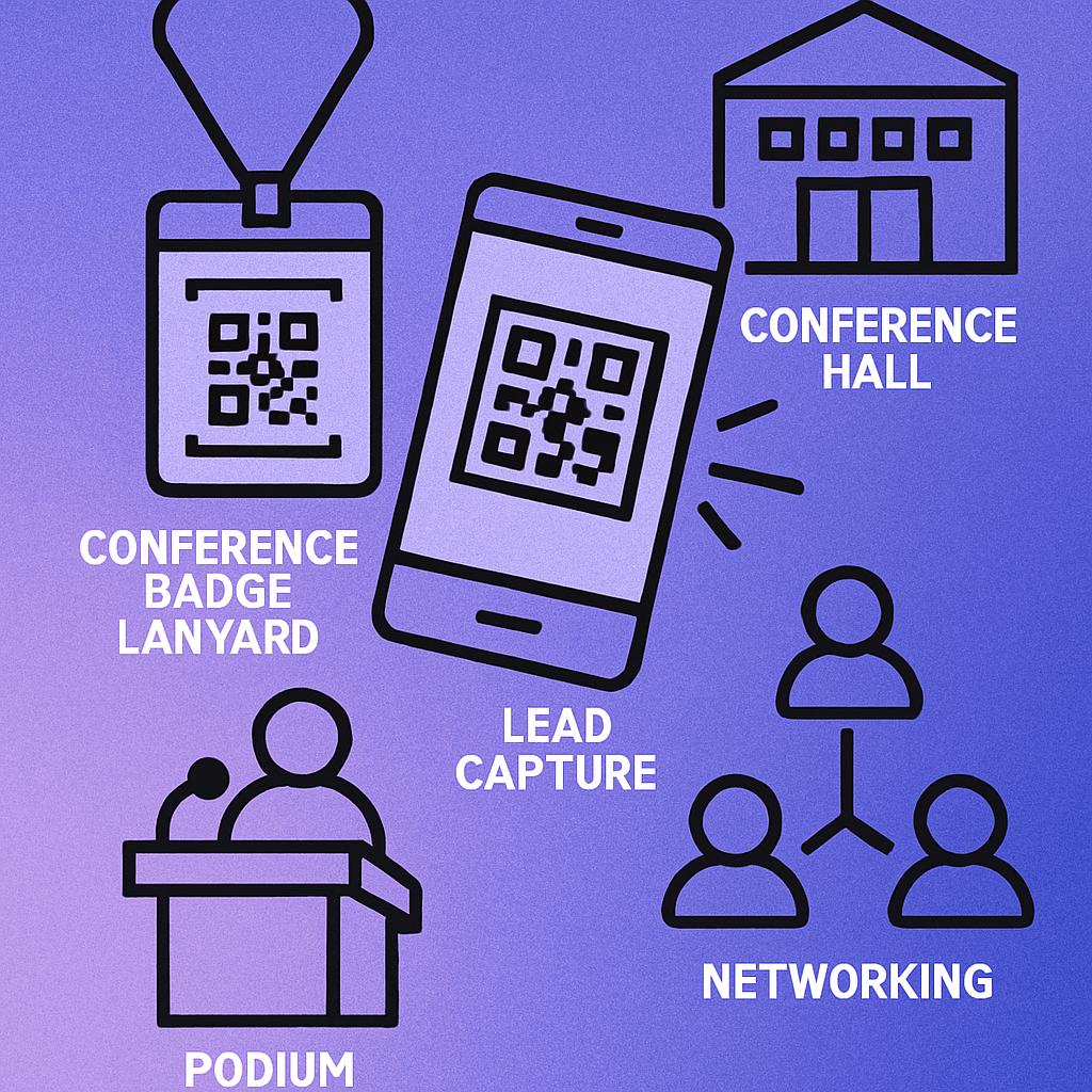 Conference badge with a QR code being scanned by a smartphone at an event