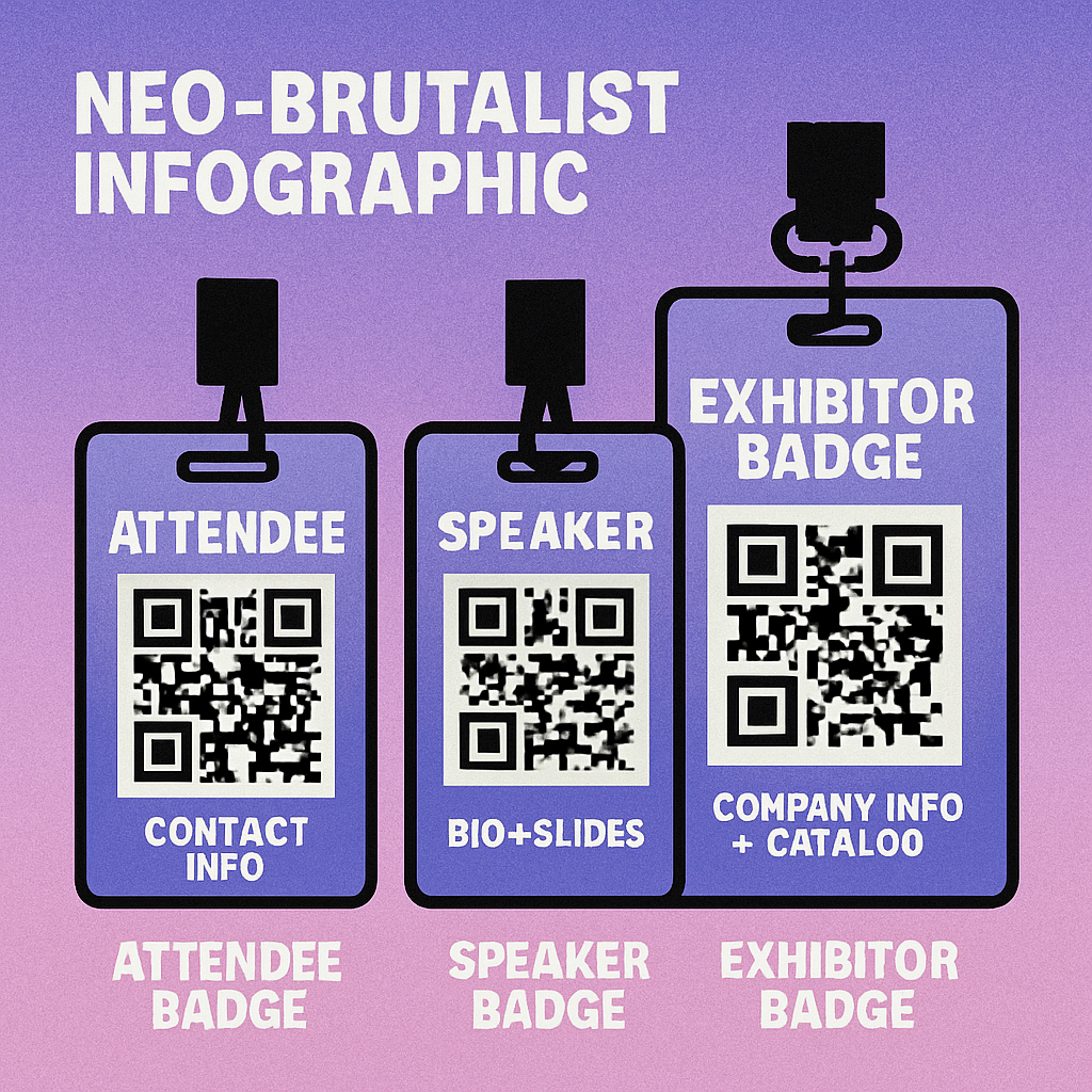 Three conference badge designs showing attendee, speaker, and exhibitor QR code badge variants