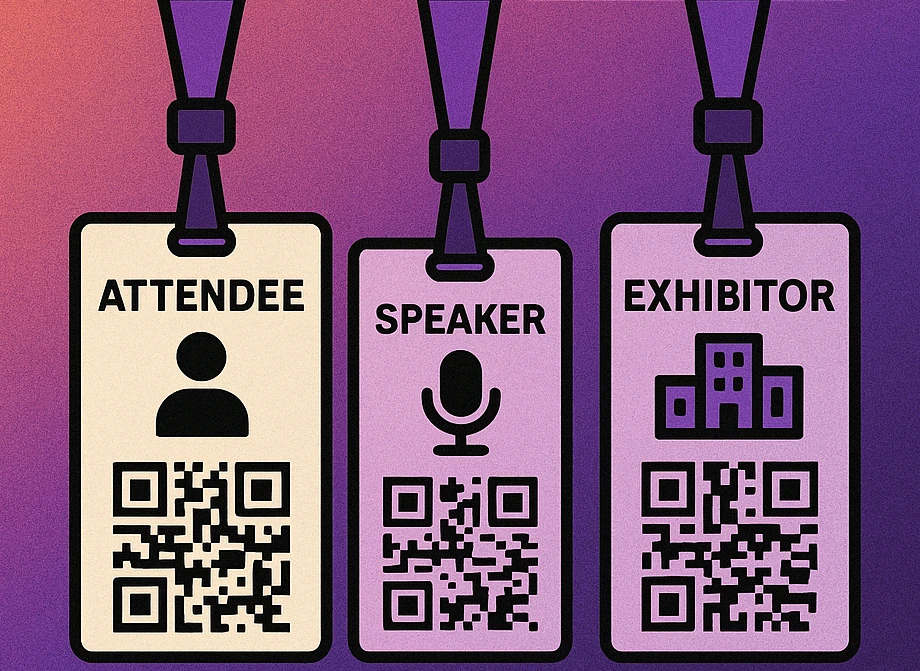 Three conference badge designs showing attendee, speaker, and exhibitor QR code badge variants