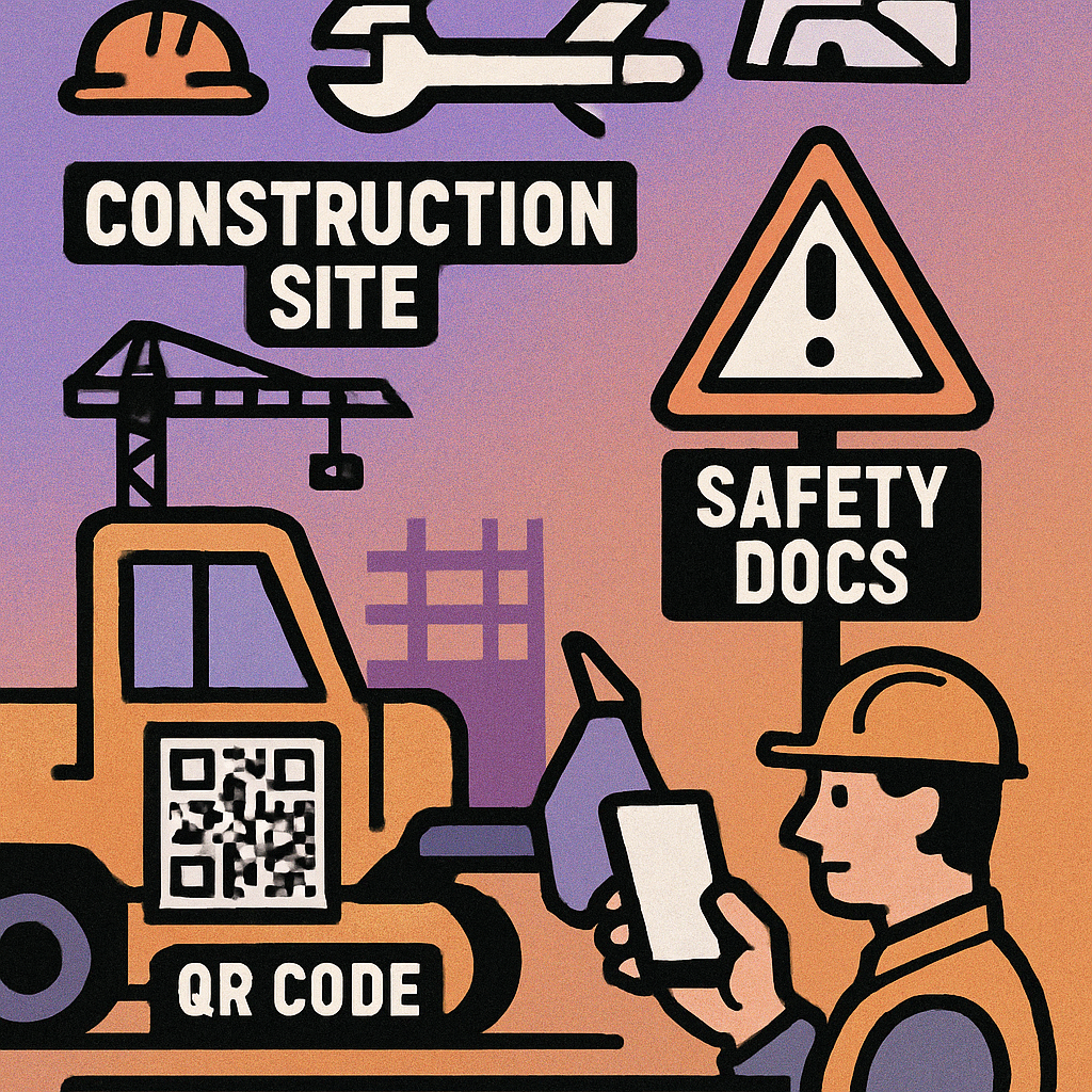 Construction worker scanning a QR code on heavy machinery with a smartphone on a building site