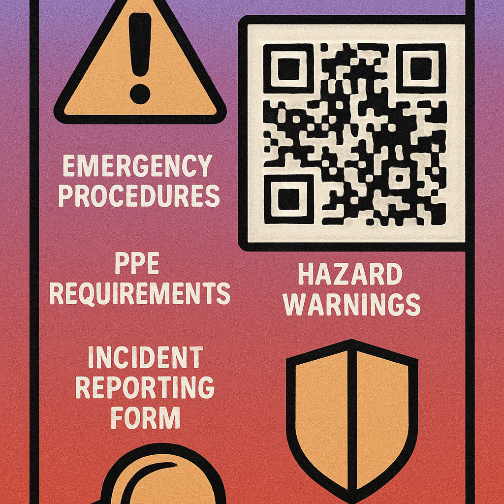 QR code safety compliance labels on a construction site scaffold showing inspection pass status